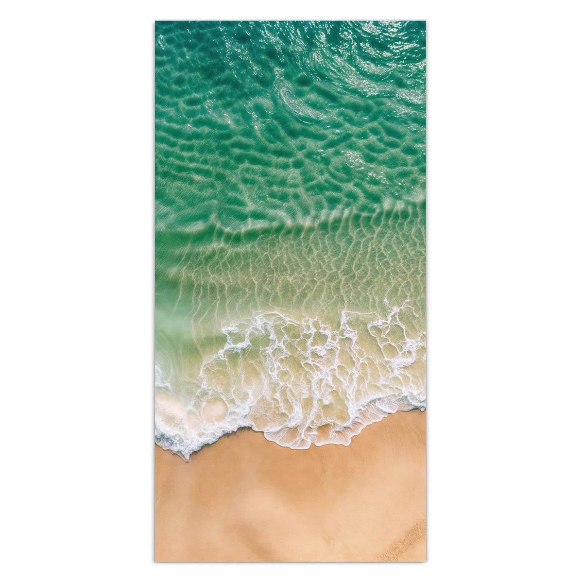 Wandbild aus Glas mit Motiv Türkis auf goldenem Sand: Luftbild: smaragdgrün geriffeltes Wasser mit Schaumkante auf goldgelbem Sand #grösse_30 x 60 cm #grösse_40 x 80 cm #grösse_50 x 100 cm #grösse_55 x 110 cm #grösse_60 x 120 cm