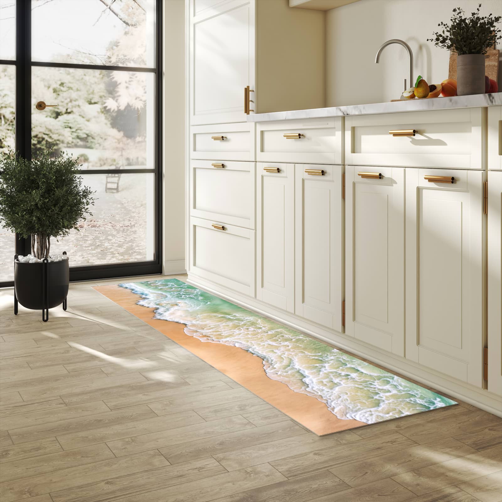 Waschbarer Küchenteppich mit Motiv Warme Meereswellen in heller Küche