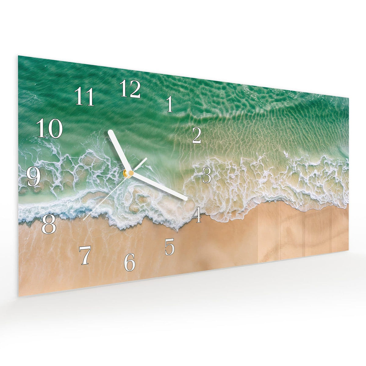Vormontiert – mit Schwebeeffekt – Wanduhr Warme Meereswellen aus Glas – Querformat 60 × 30 cm