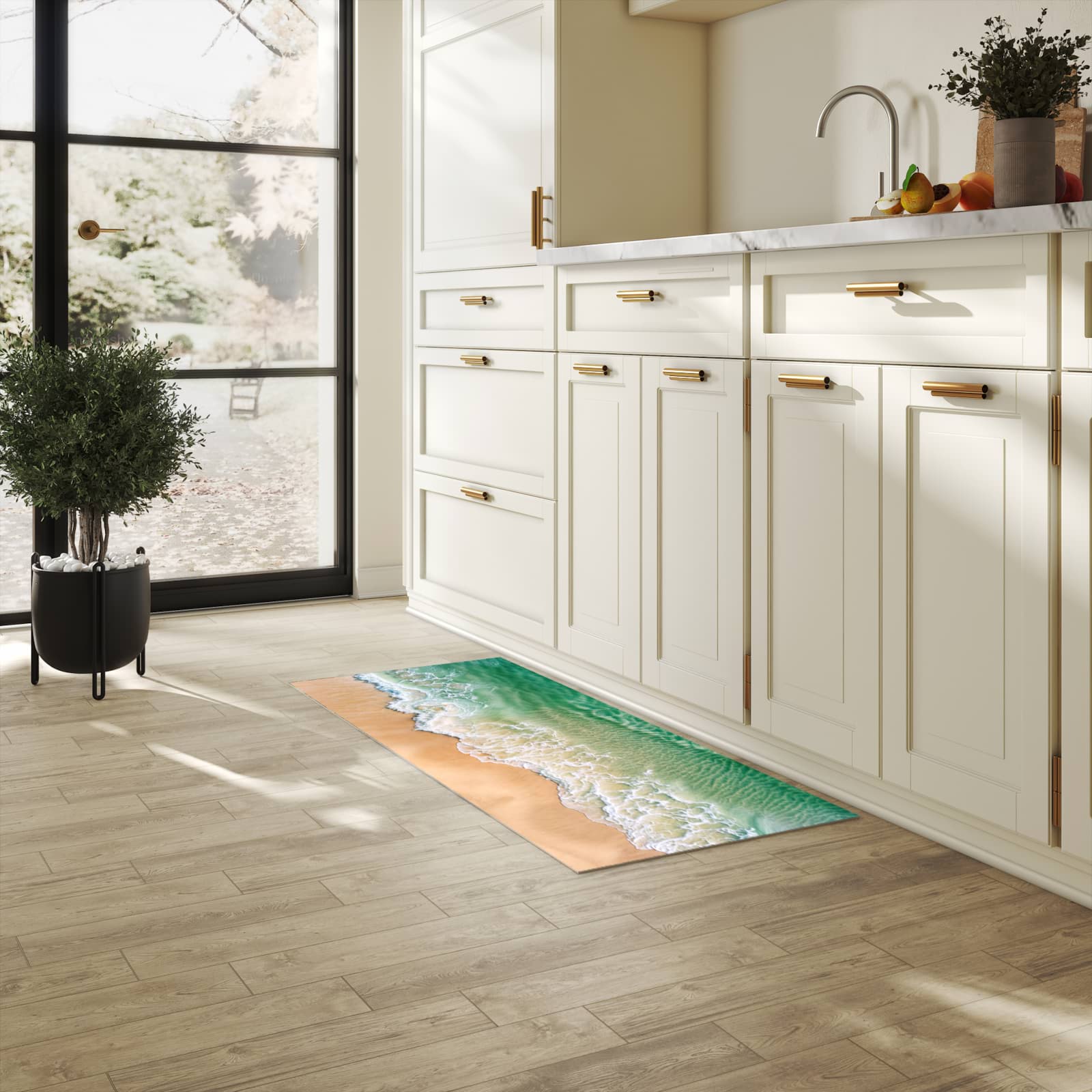 Küchenteppich mit Motiv Warme Meereswellen für angenehme Haptik in heller Küche