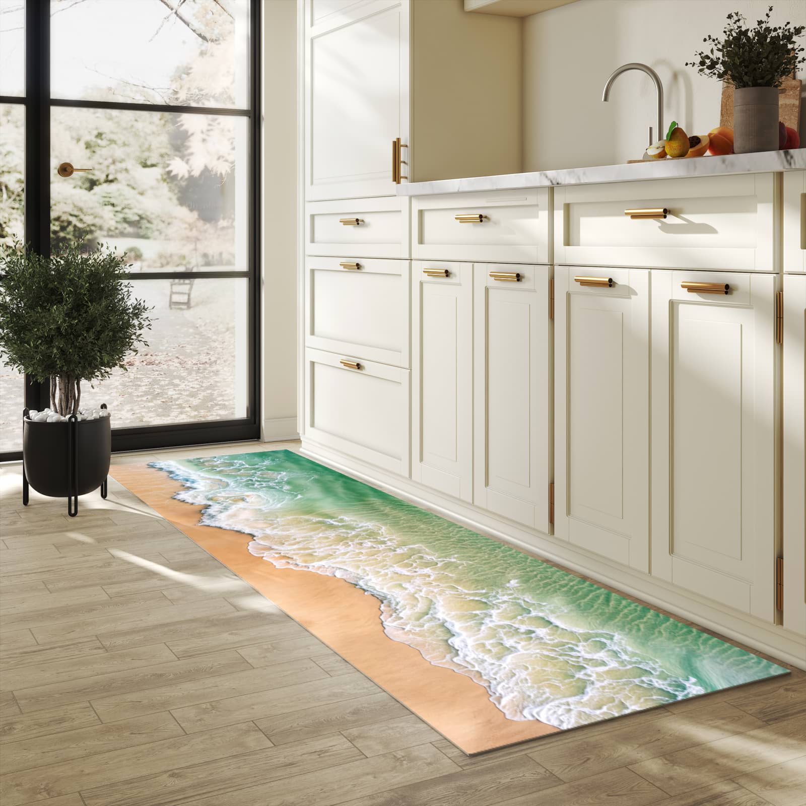Küchenteppich mit Motiv Warme Meereswellen für Trittkomfort in heller Küche