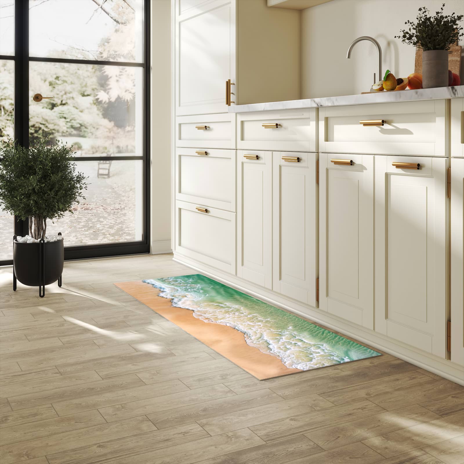 Hygienischer Küchenteppich mit Motiv Warme Meereswellen in heller Küche