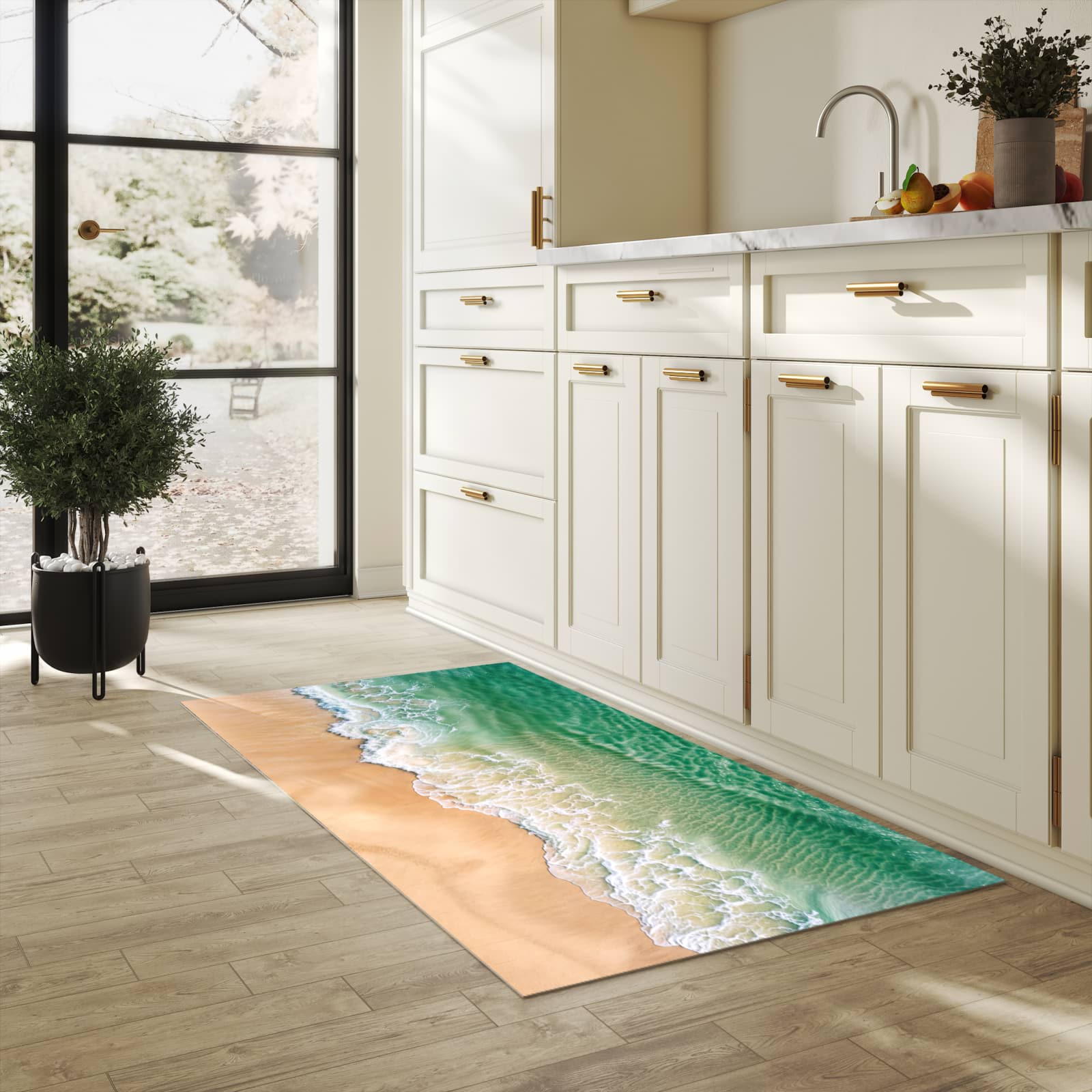 Fleckenresistenter waschbarer Teppich Küche mit Motiv Warme Meereswellen in heller Küche