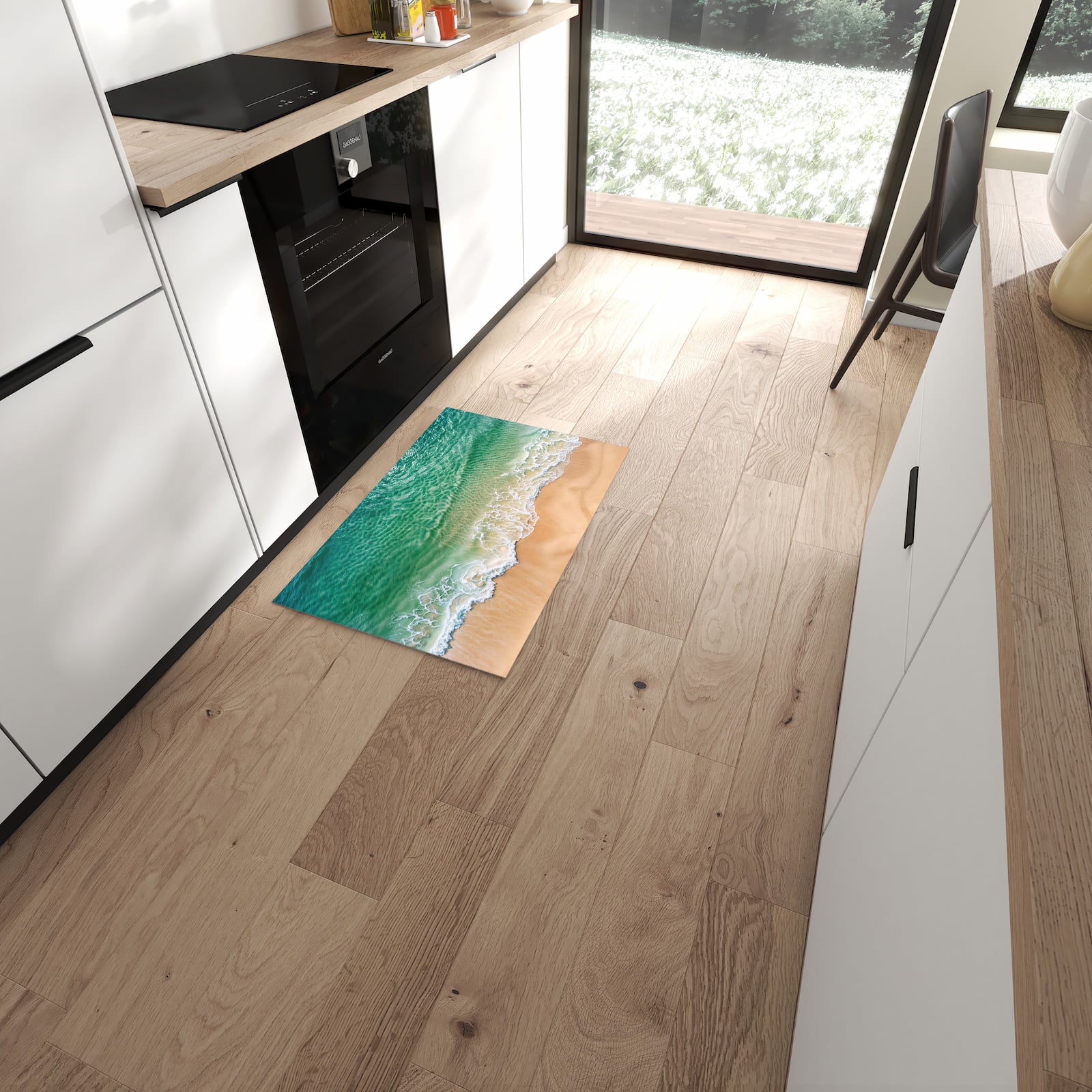 Formstabiler rutschfester Küchenteppich mit Motiv Warme Meereswellen in moderner Küche