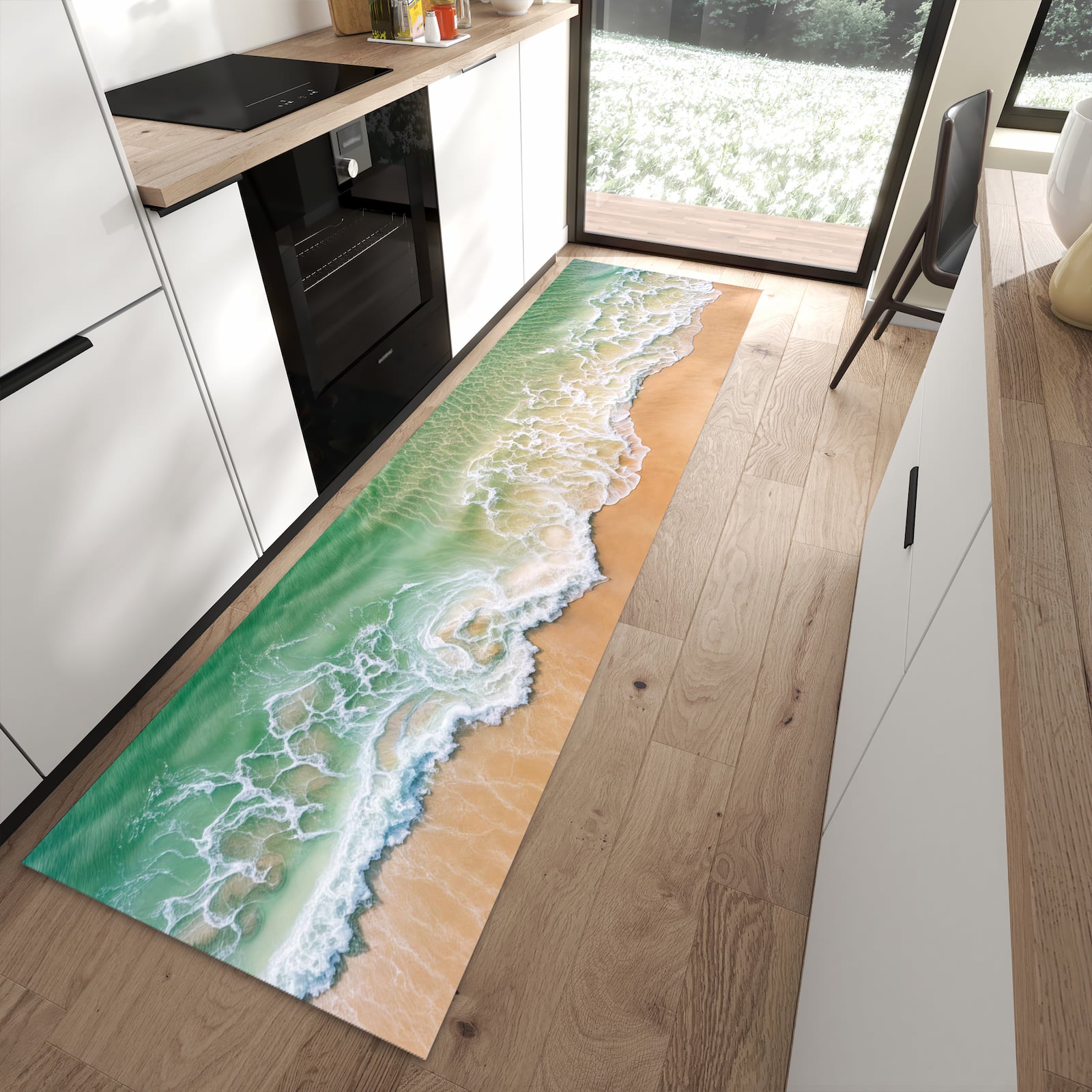 Geräuschdämpfender Teppich für Esstisch mit Motiv Warme Meereswellen in moderner Küche