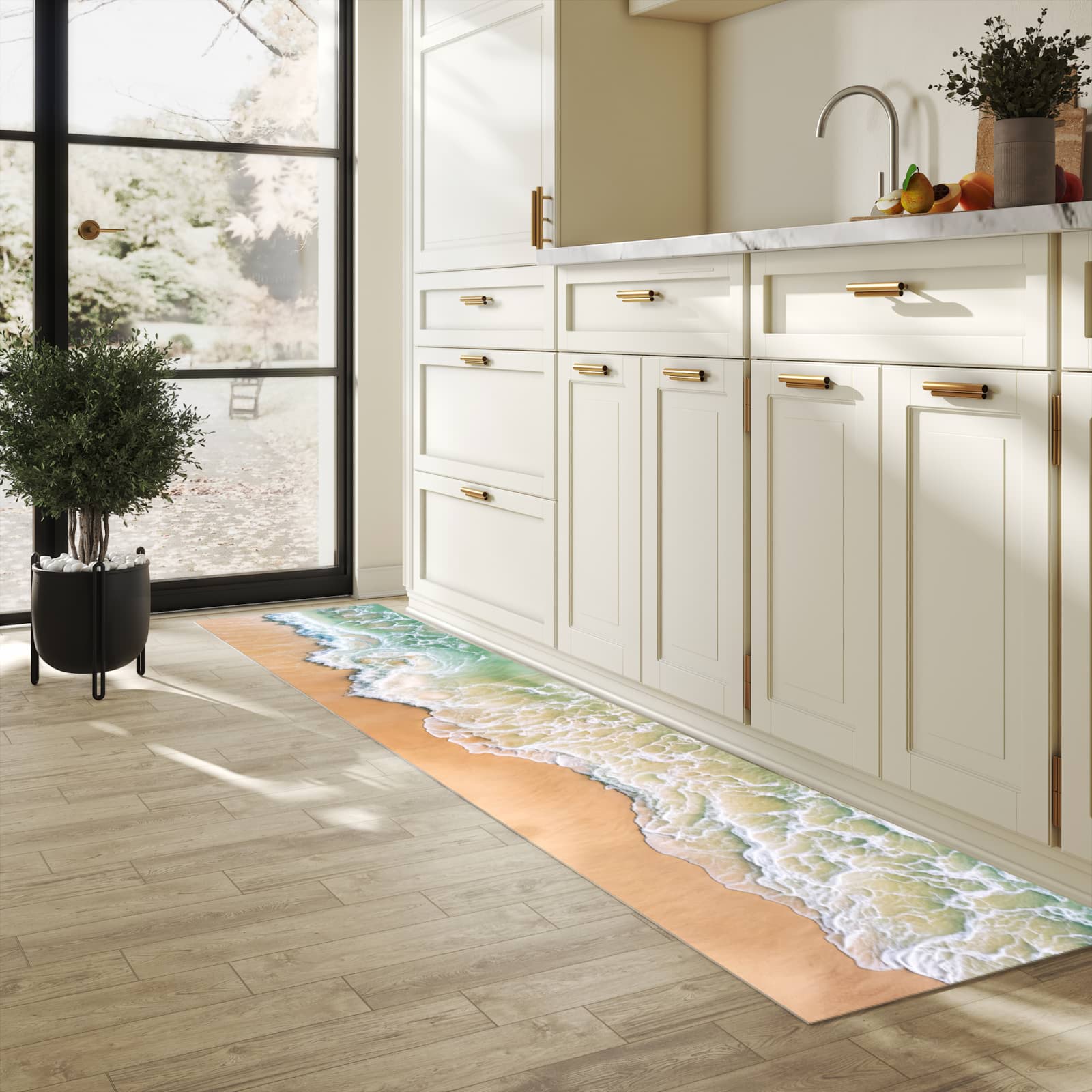 Langlebiger Küchenteppich mit Motiv Warme Meereswellen in heller Küche