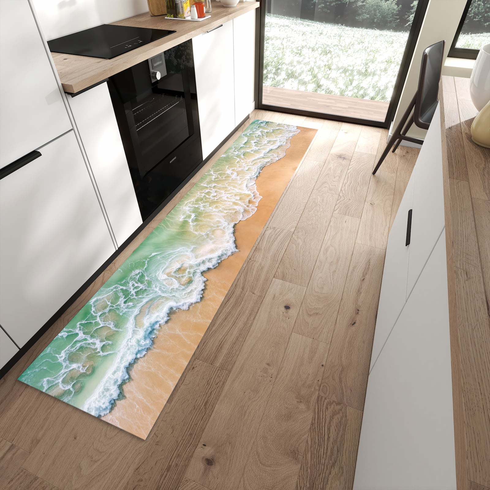 Bodenschonender rutschfester Läufer mit Motiv Warme Meereswellen in moderner Küche