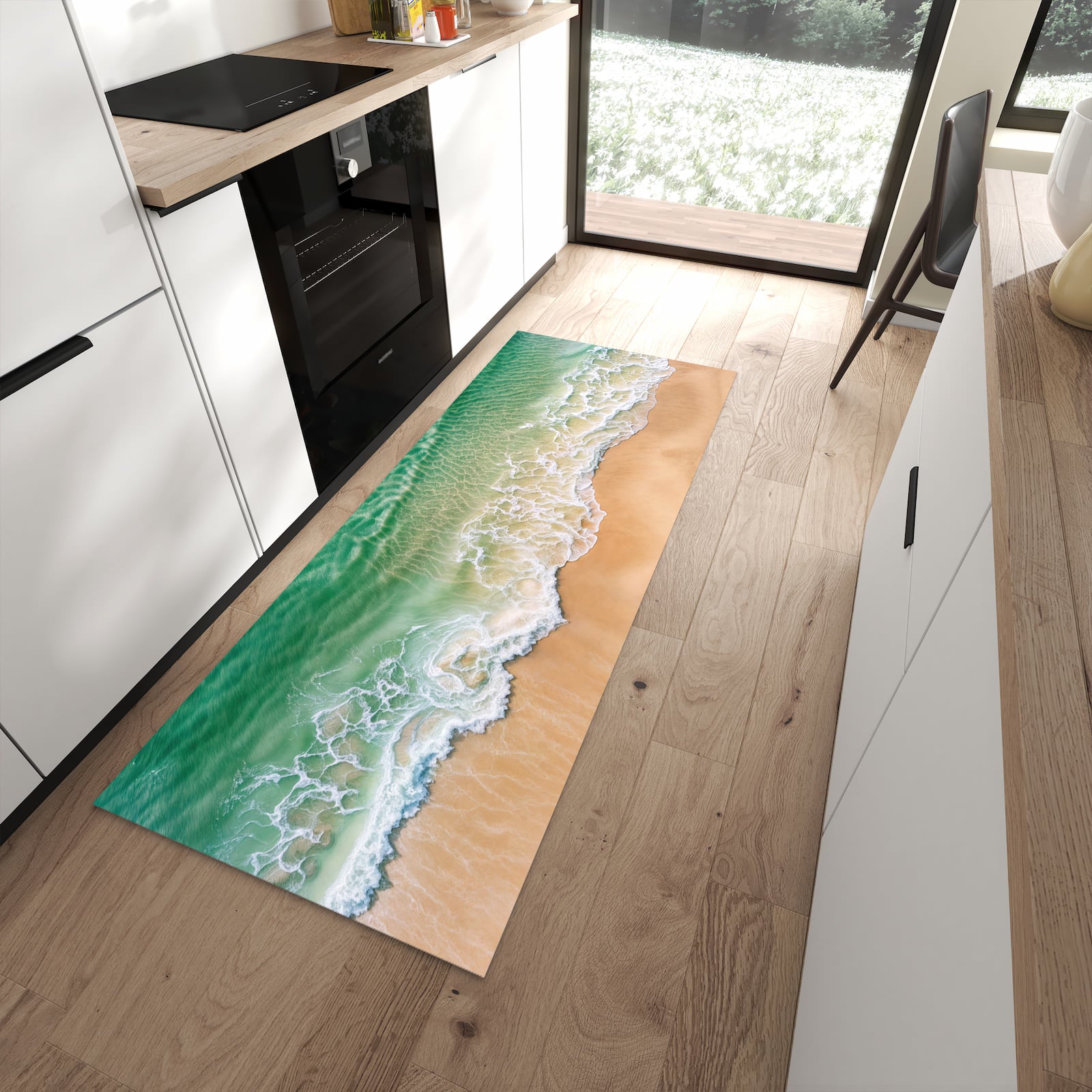 Waschbarer Küchenteppich mit Motiv Warme Meereswellen in moderner Küche für sichere Aufbewahrung