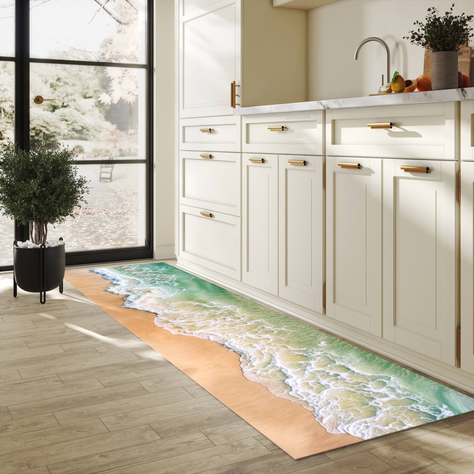 Wasserabweisender Küchenvorleger mit Motiv Warme Meereswellen in heller Küche