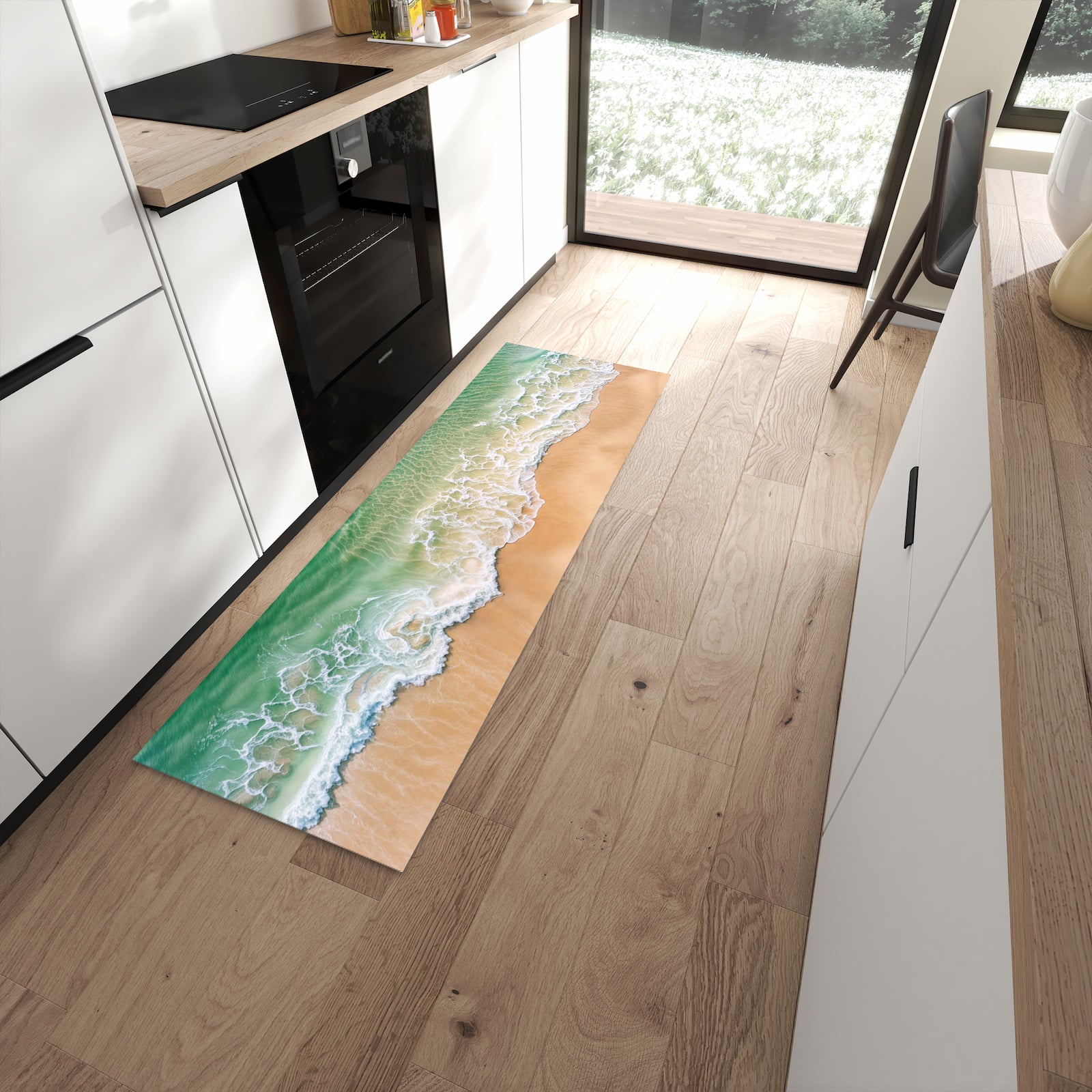 Bodenschonender langer Teppich mit Motiv Warme Meereswellen in moderner Küche