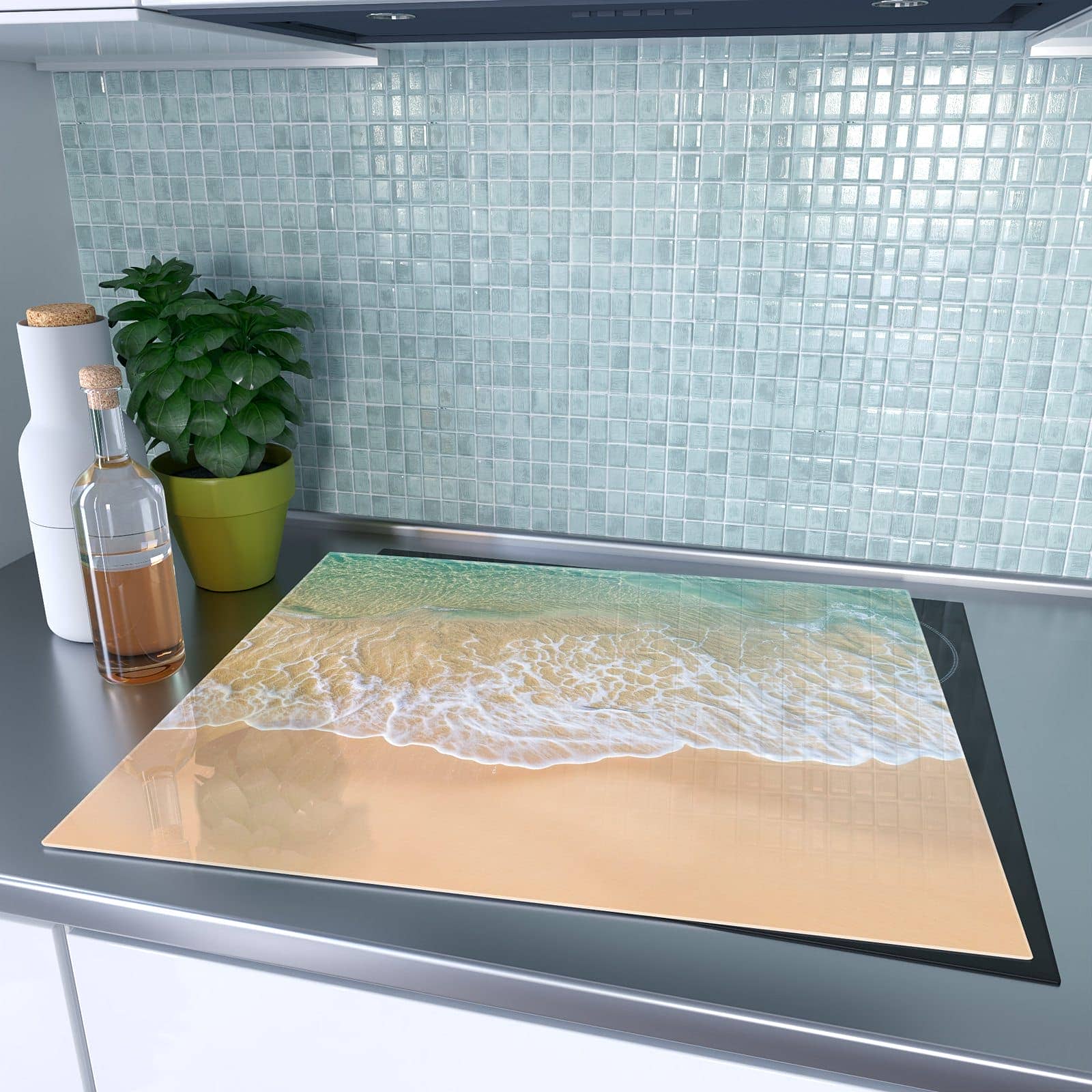 1-teilige Herdabdeckplatte aus Glas mit Strandwellen-Motiv auf dem Ceranfeld