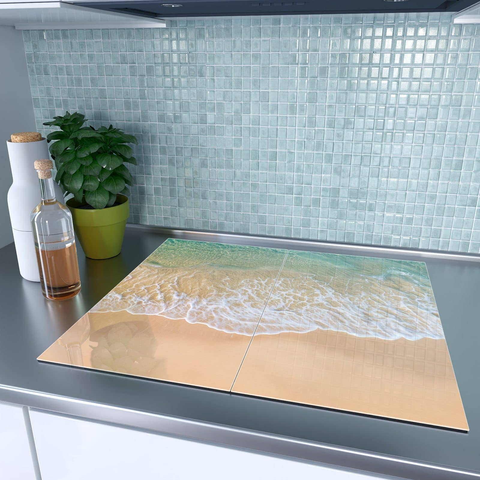 2-teilige Abdeckplatte für Ceranfeld mit Strandwellen-Motiv auf dem Ceranfeld
