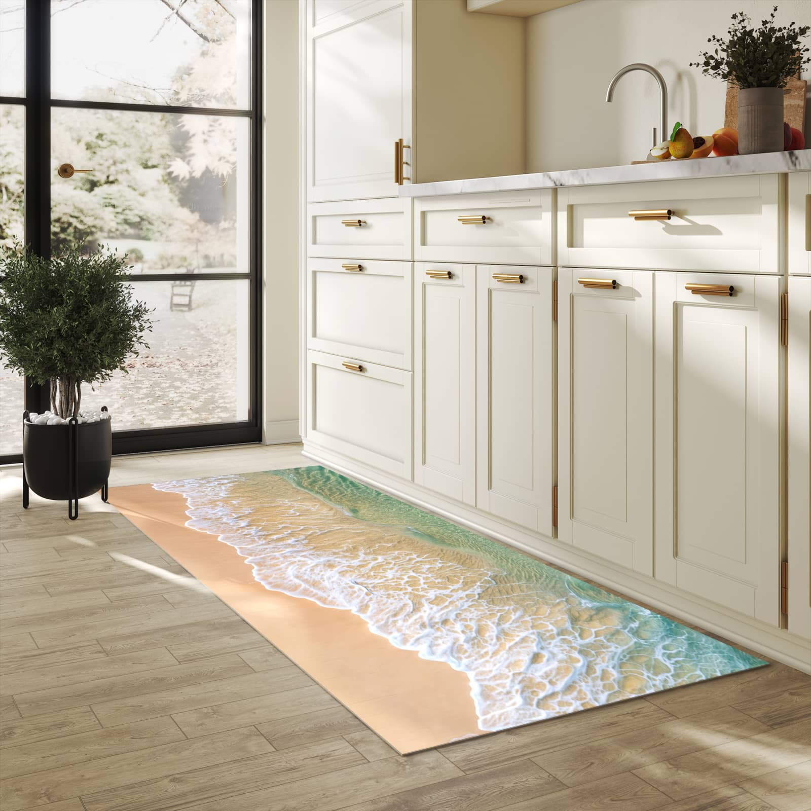 Rutschfester Küchenläufer mit Motiv Strandwellen in heller Küche