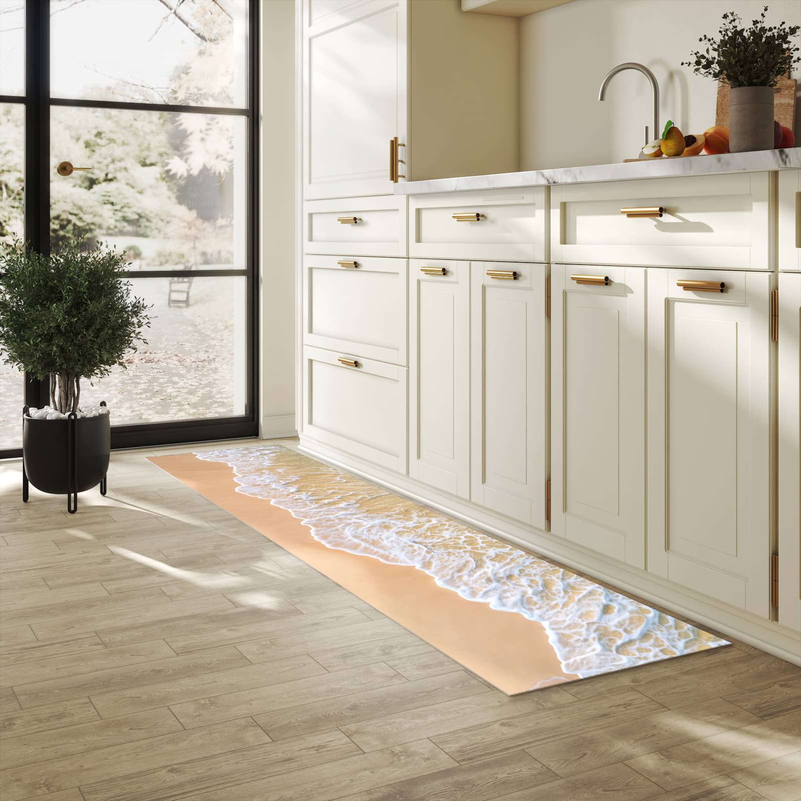 Wasserabweisender waschbarer Küchenläufer mit Motiv Strandwellen in heller Küche