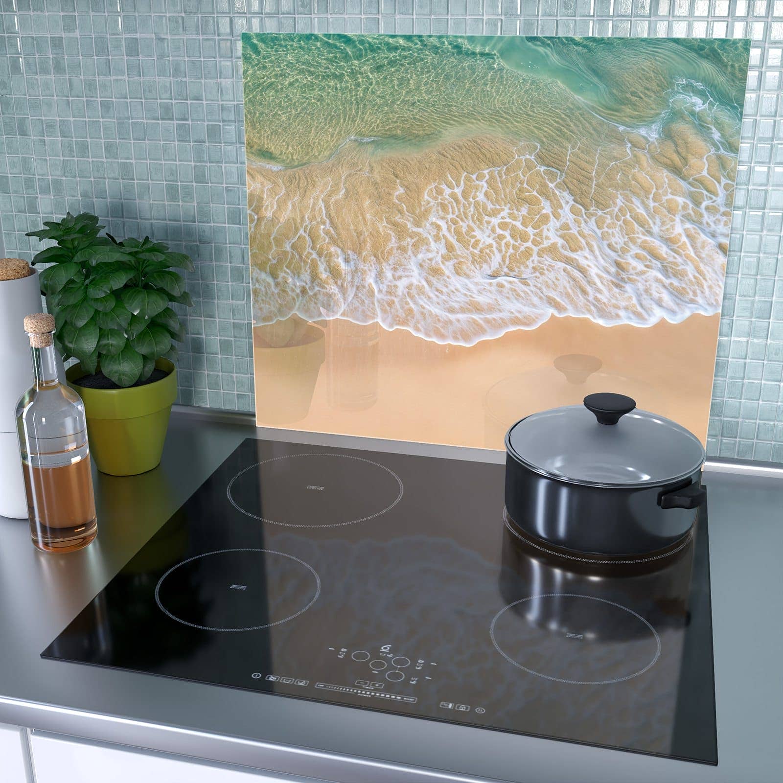 1-teilige Herdabdeckplatte Induktion mit Strandwellen-Motiv als Spritzschutz hinter dem Kochfeld