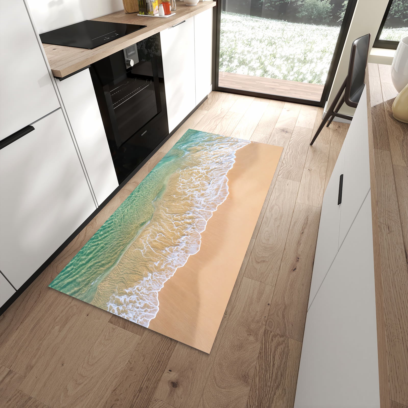 Waschbarer Küchenläufer mit Motiv Strandwellen in moderner Küche