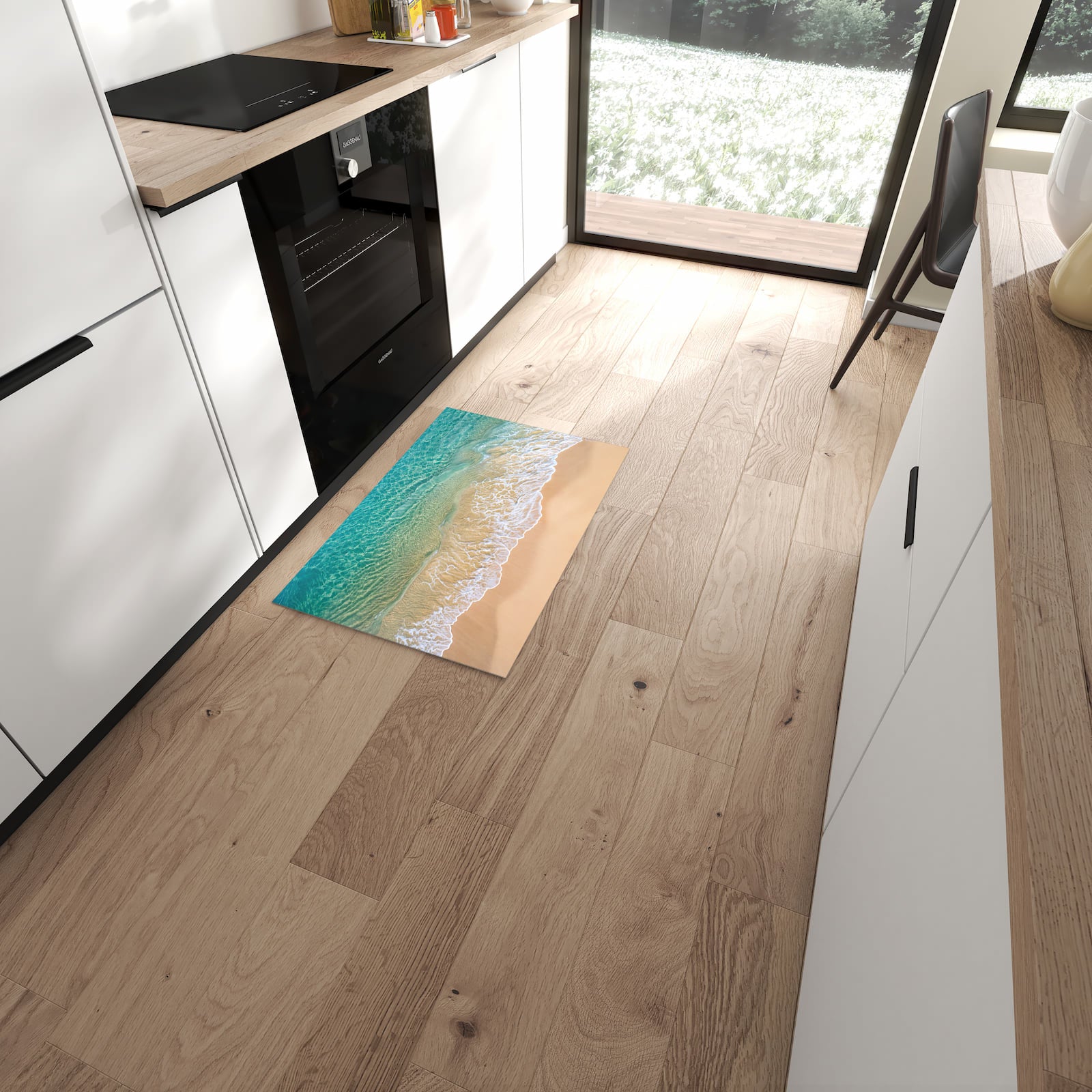 Rutschfester Küchenläufer mit Motiv Strandwellen in moderner Küche