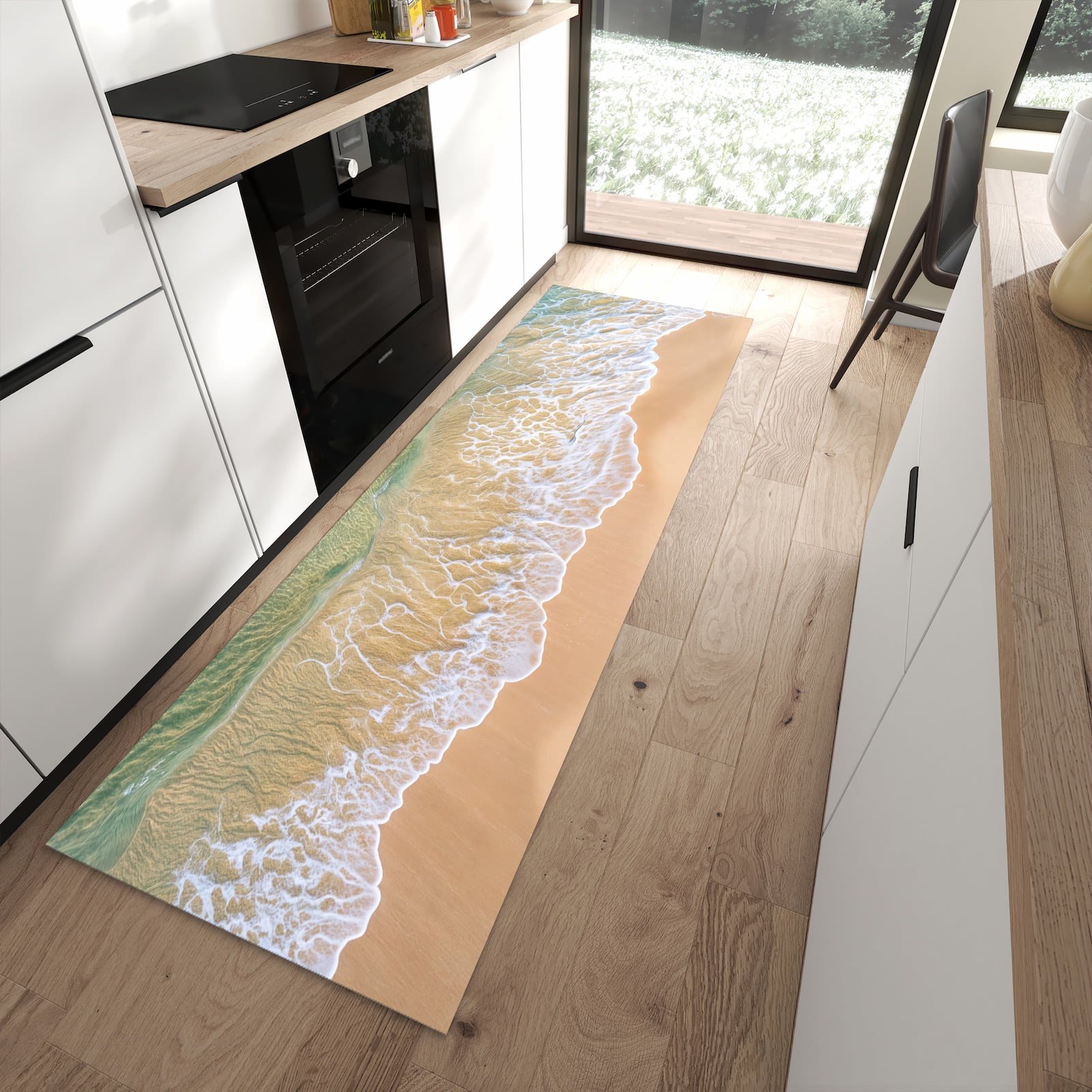 Küchenvorleger mit Motiv Strandwellen für angenehme Haptik in moderner Küche