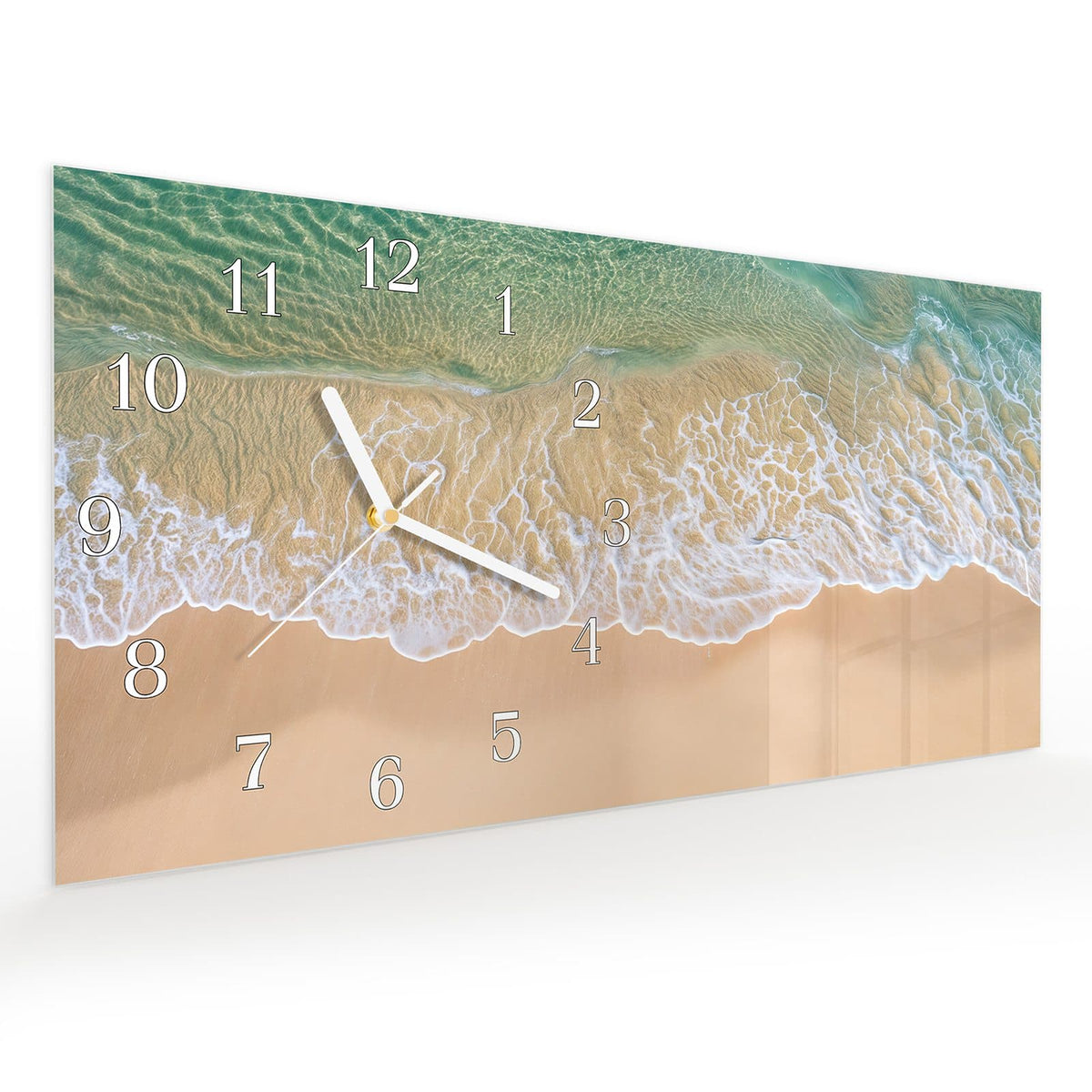 Vormontiert – mit Schwebeeffekt – Wanduhr Strandwellen aus Glas – Querformat 60 × 30 cm
