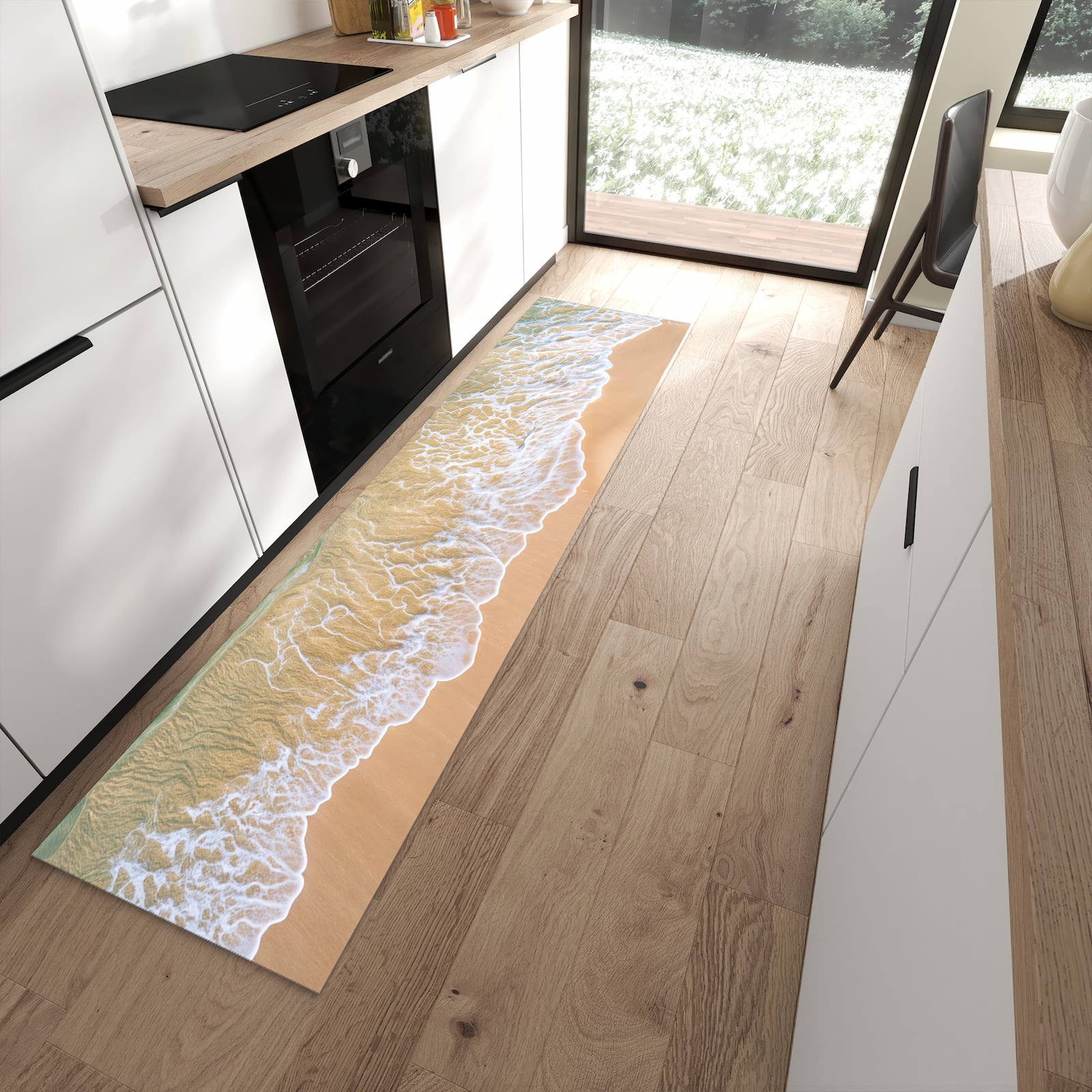 Flacher Küchenteppich mit Motiv Strandwellen in moderner Küche