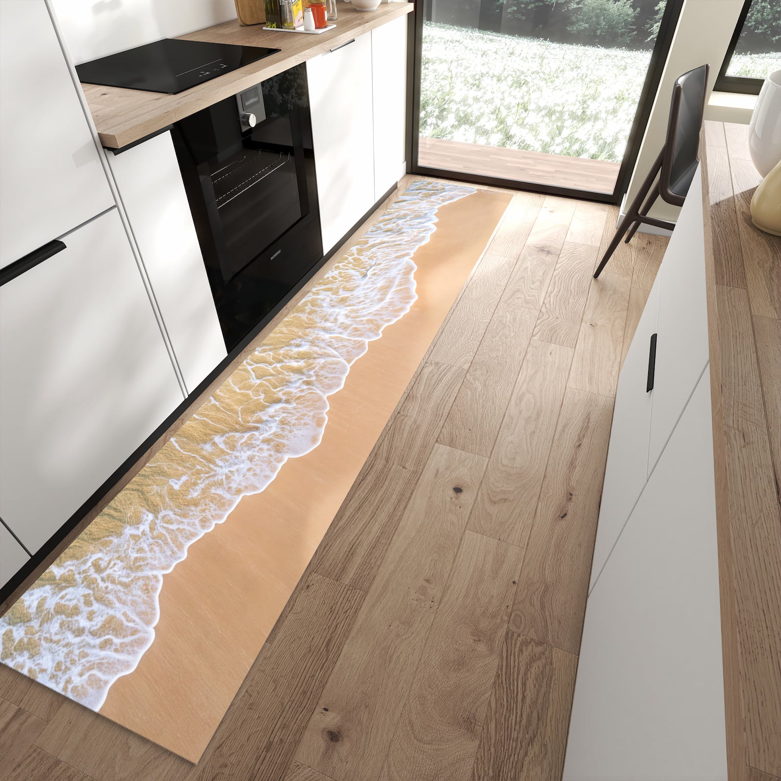 Komfortabler Küchenläufer mit Motiv Strandwellen in moderner Küche