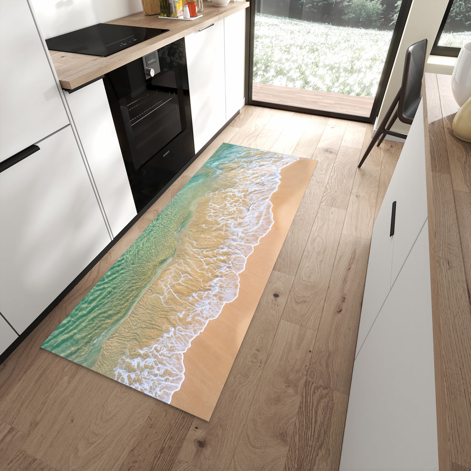 Pflegeleichter Küchenläufer mit Motiv Strandwellen in moderner Küche