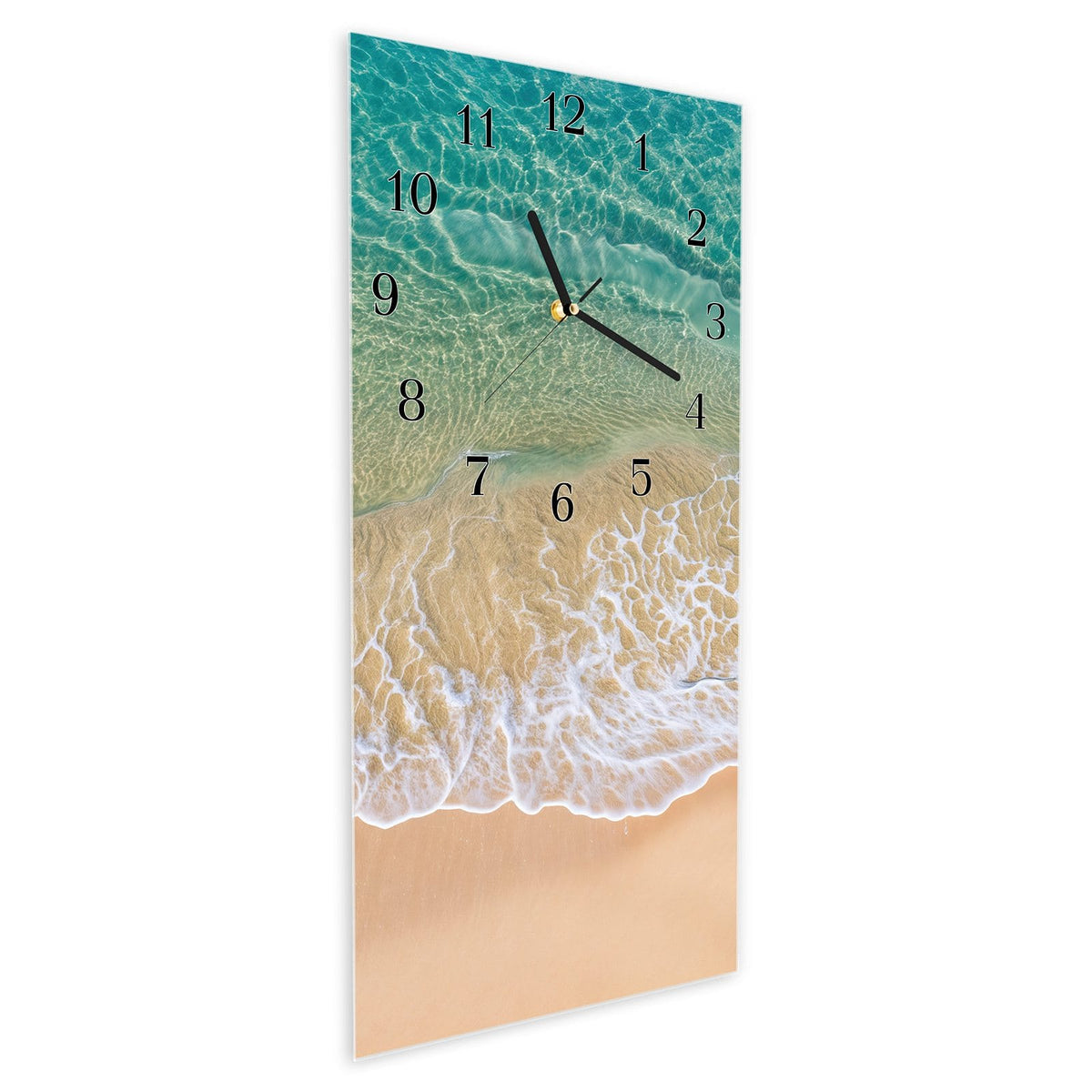 Vormontiert – mit Schwebeeffekt – Wanduhr Strandwellen aus Glas – Hochformat 30 × 60 cm