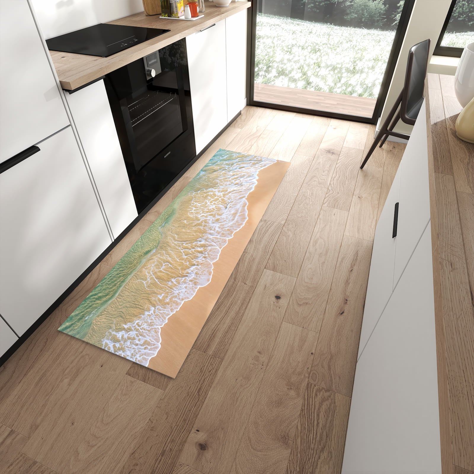 Langlebiger Küchenteppich mit Motiv Strandwellen in moderner Küche