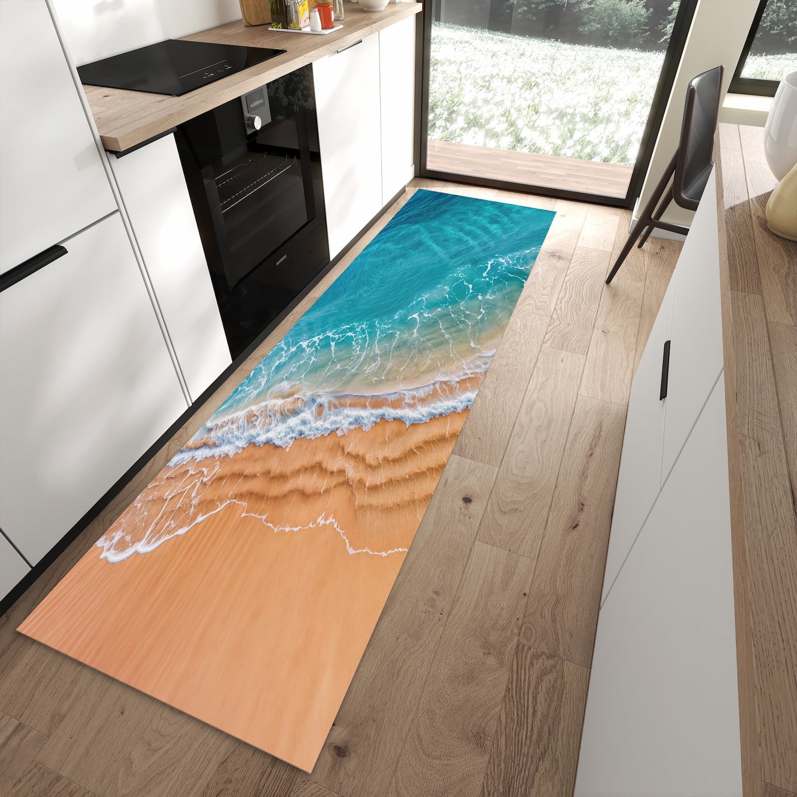 UV-beständiger Küchenteppich mit Motiv am und Wellen in moderner Küche