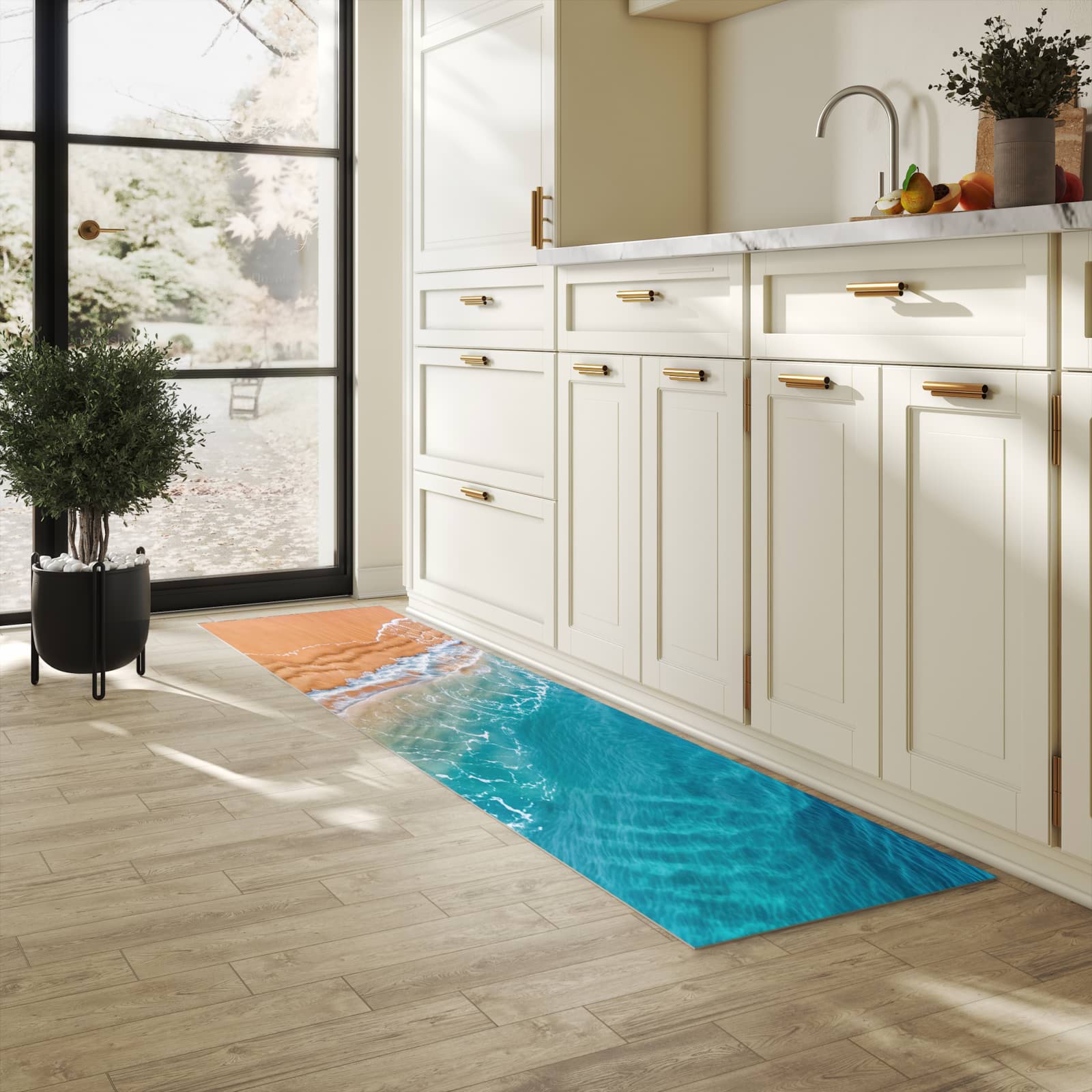 Rutschfester Küchenteppich mit Motiv am und Wellen in heller Küche