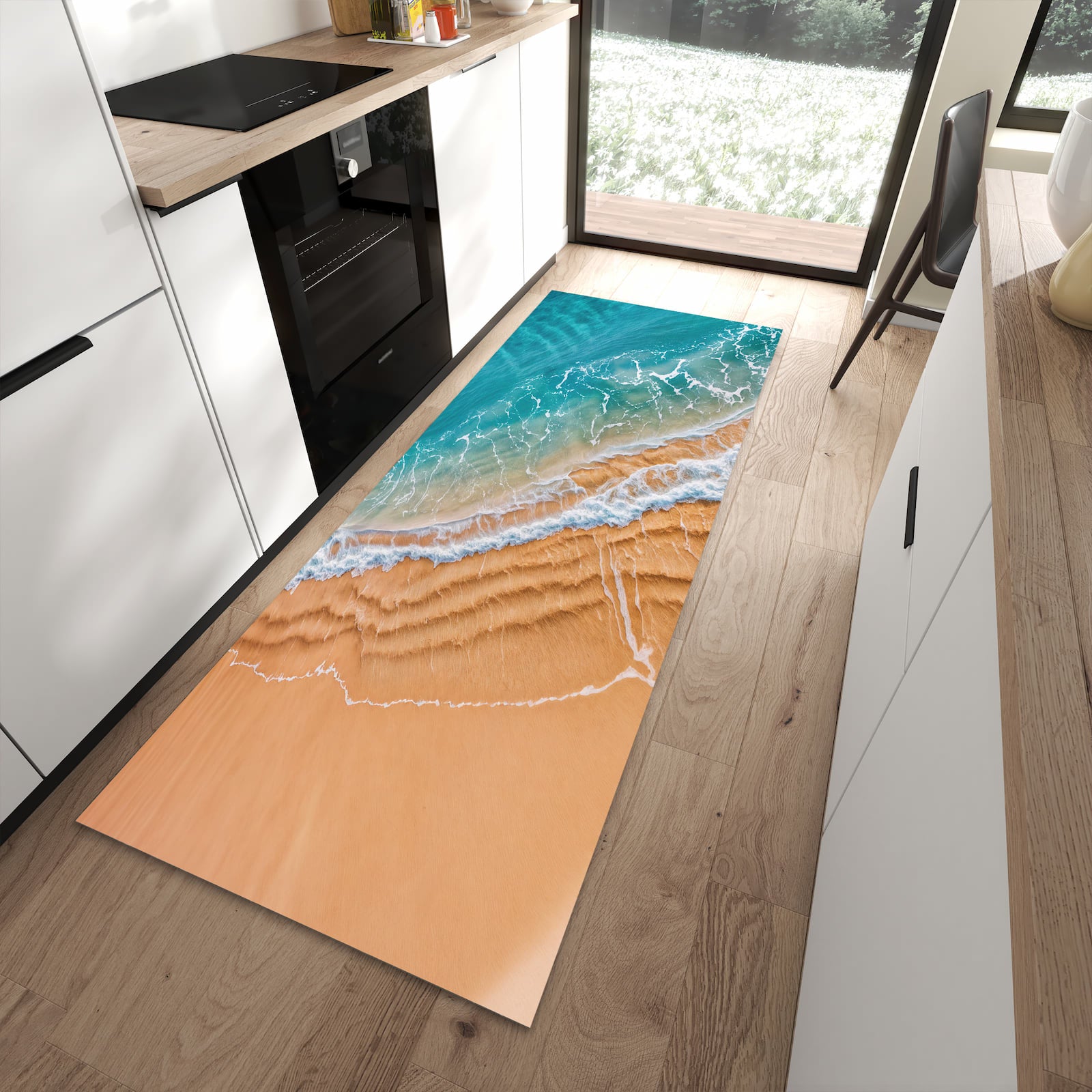 Fleckenresistenter Küchenteppich mit Motiv am und Wellen in moderner Küche