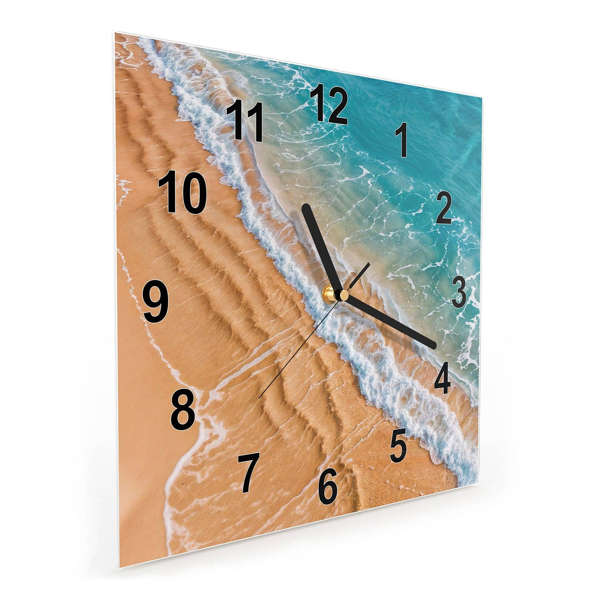 Quadratische Wanduhr aus Glas Sandrippen am Ufer schräg von der Seite, 4 mm starkes Glas