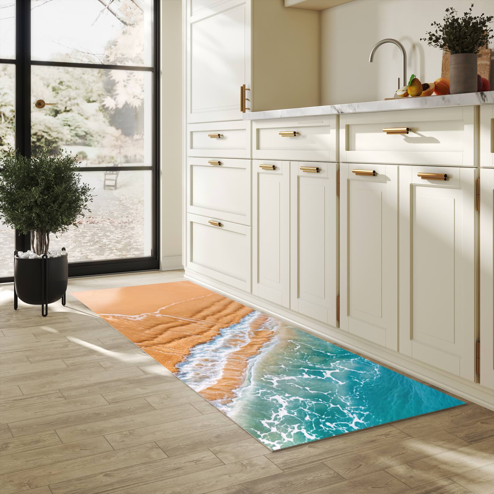 Bodenschonender großer Küchenteppich mit Motiv am und Wellen in heller Küche