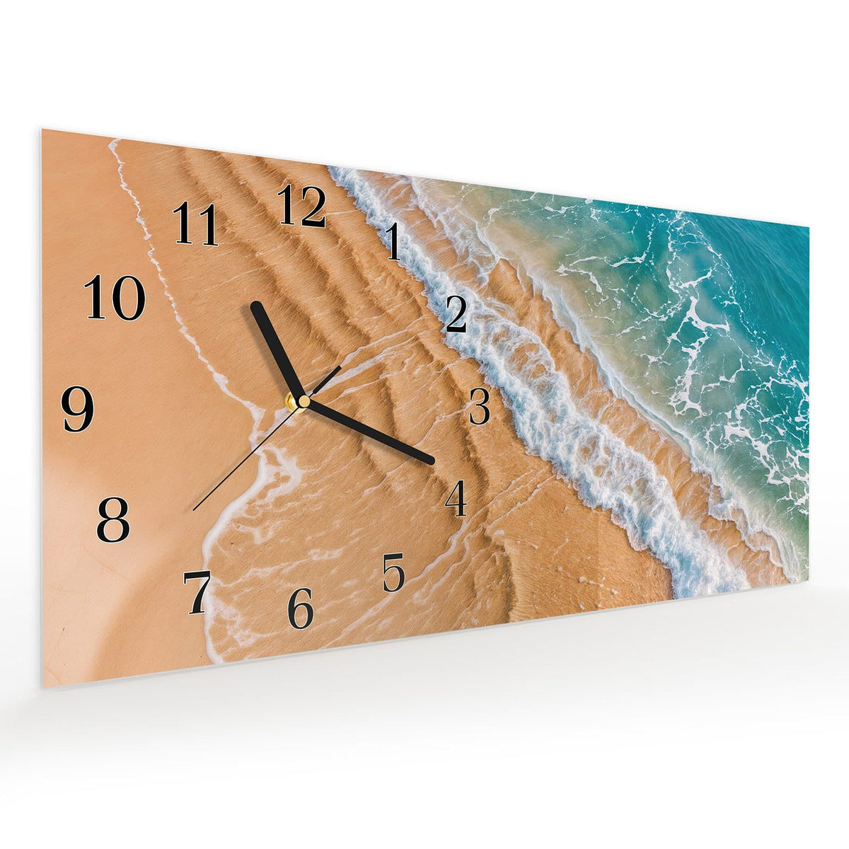 Vormontiert – mit Schwebeeffekt – Wanduhr am und Wellen aus Glas – Querformat 60 × 30 cm