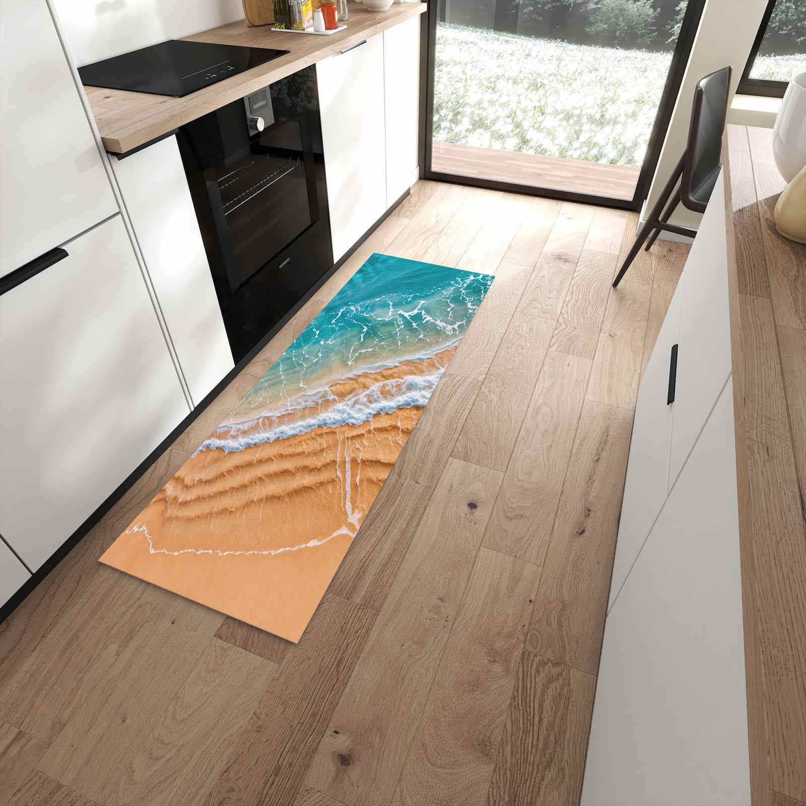 Bodenschonender rutschfester Küchenläufer mit Motiv am und Wellen in moderner Küche