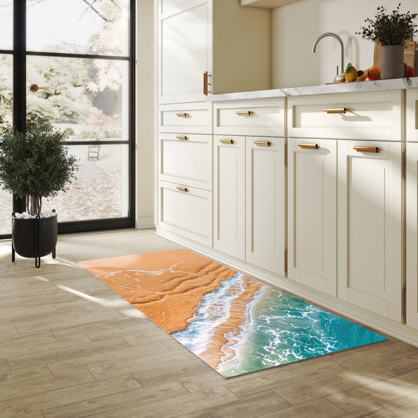 Waschbarer Küchenteppich mit Motiv am und Wellen für Ordnung in heller Küche
