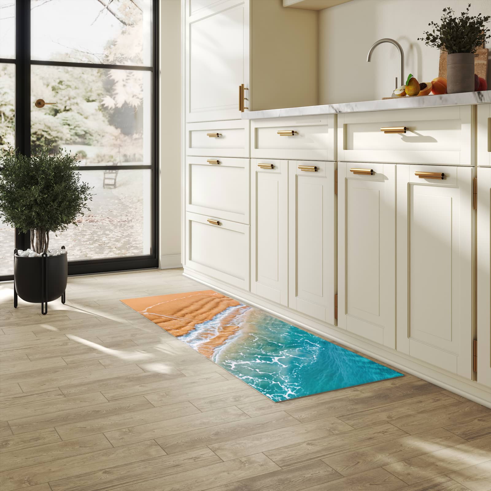 Waschbarer Küchenteppich mit Motiv am und Wellen in heller Küche