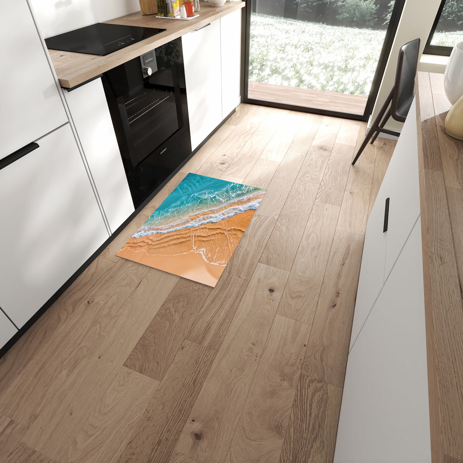 Zeitsparender moderner Küchenläufer mit Motiv am und Wellen in moderner Küche