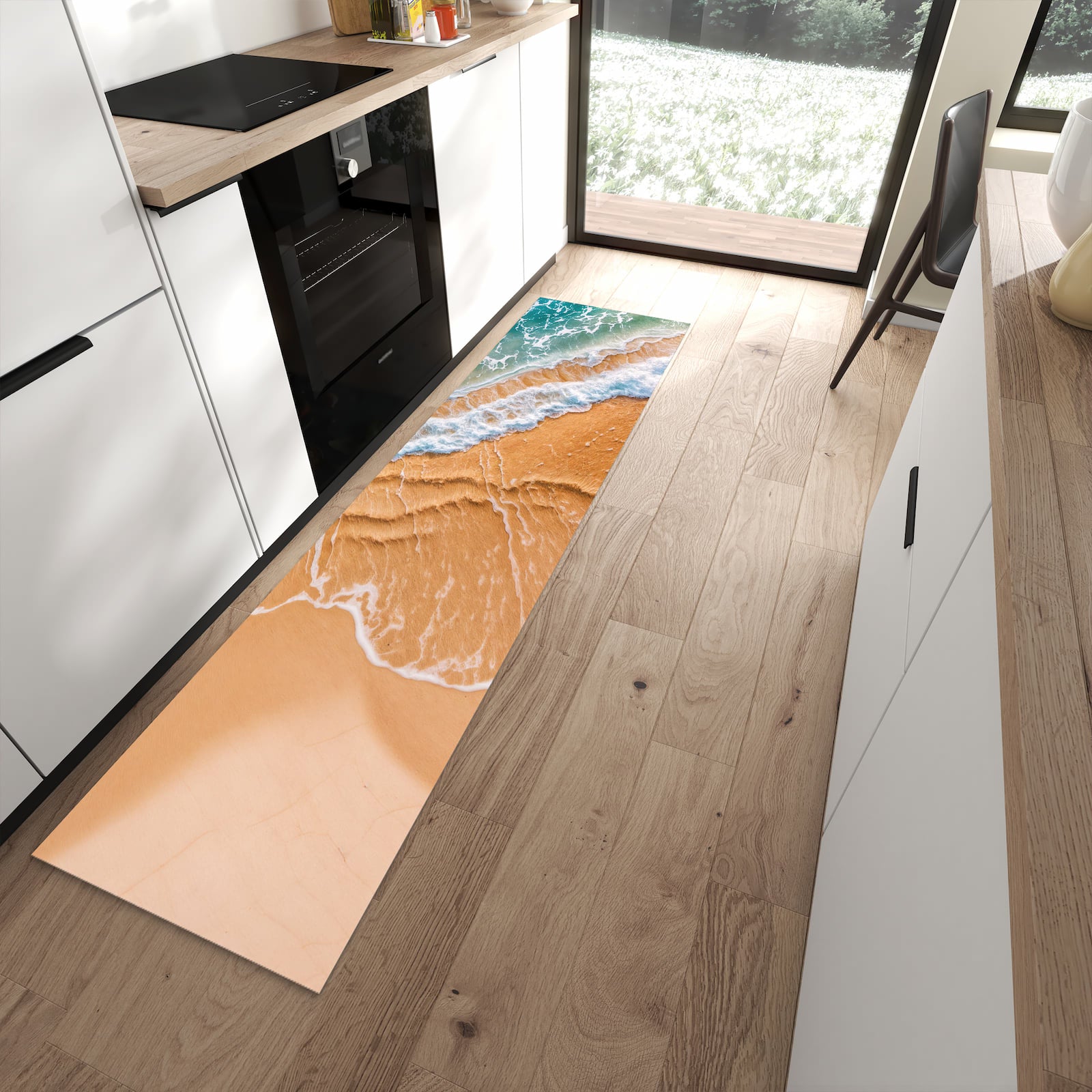 Farbbeständiger Küchenläufer mit Motiv am und Wellen in moderner Küche