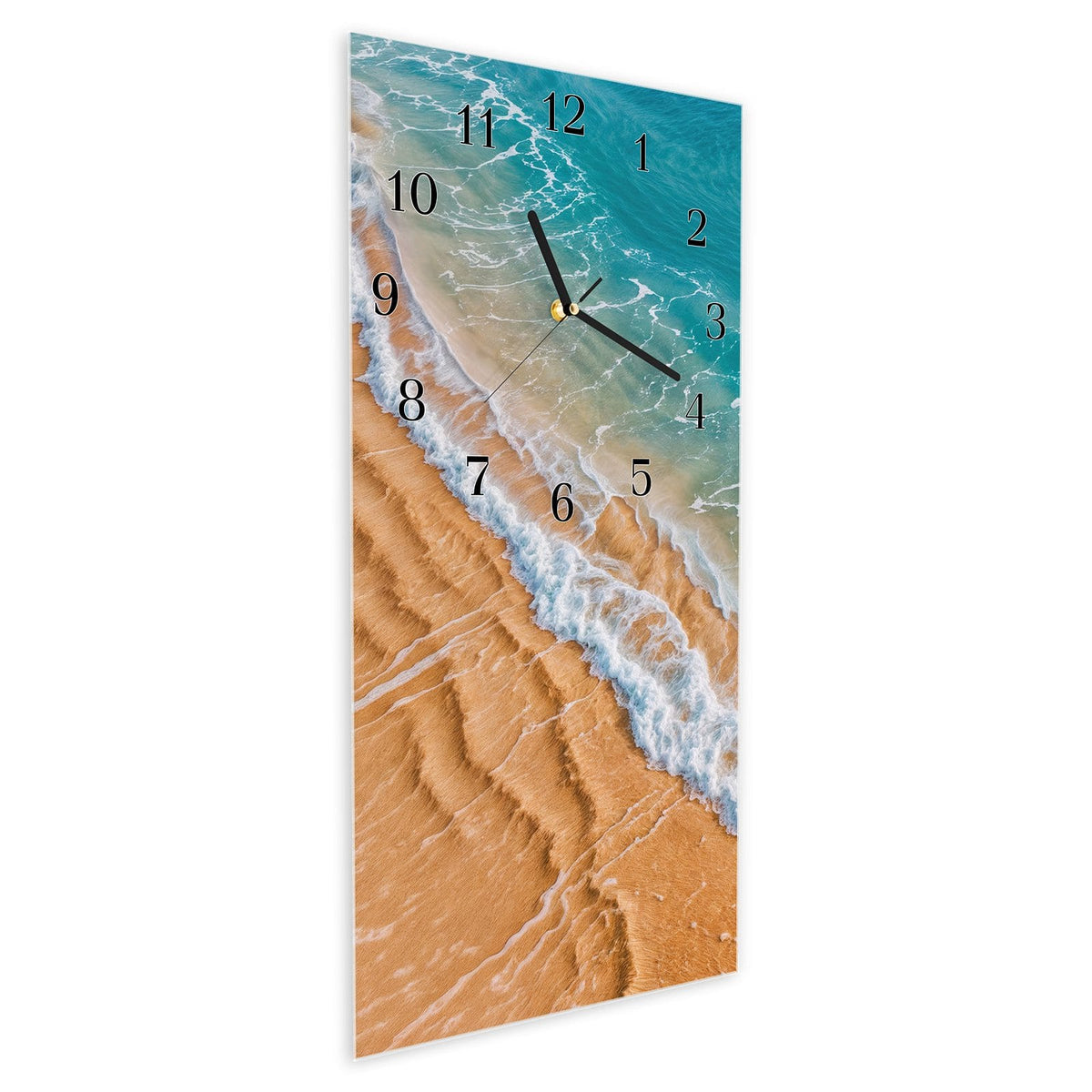 Vormontiert – mit Schwebeeffekt – Wanduhr am und Wellen aus Glas – Hochformat 30 × 60 cm