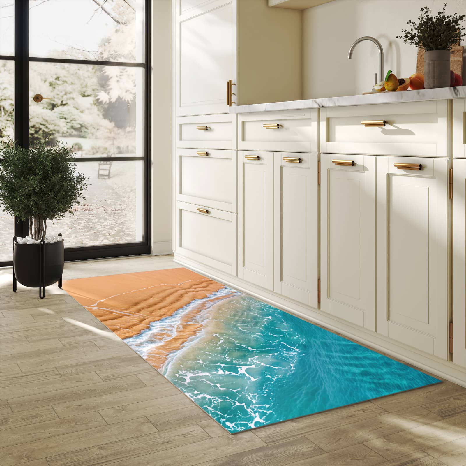 Zeitsparender Küchenläufer mit Motiv am und Wellen in heller Küche