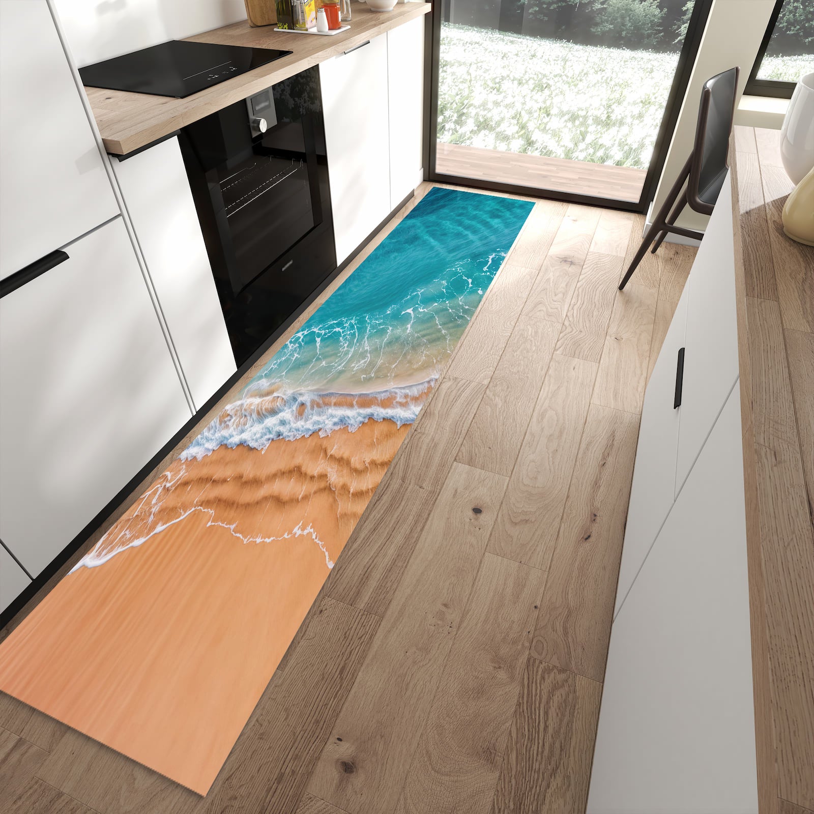 Waschbarer Küchenläufer mit Motiv am und Wellen in moderner Küche für sichere Aufbewahrung