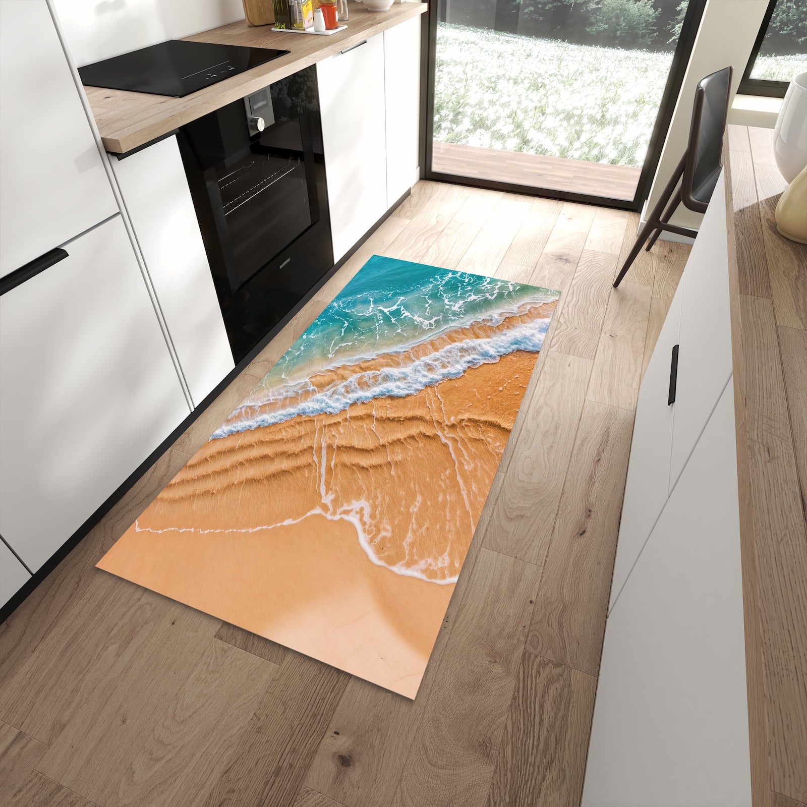 Wasserabweisender Teppich für Küche mit Motiv am und Wellen in moderner Küche