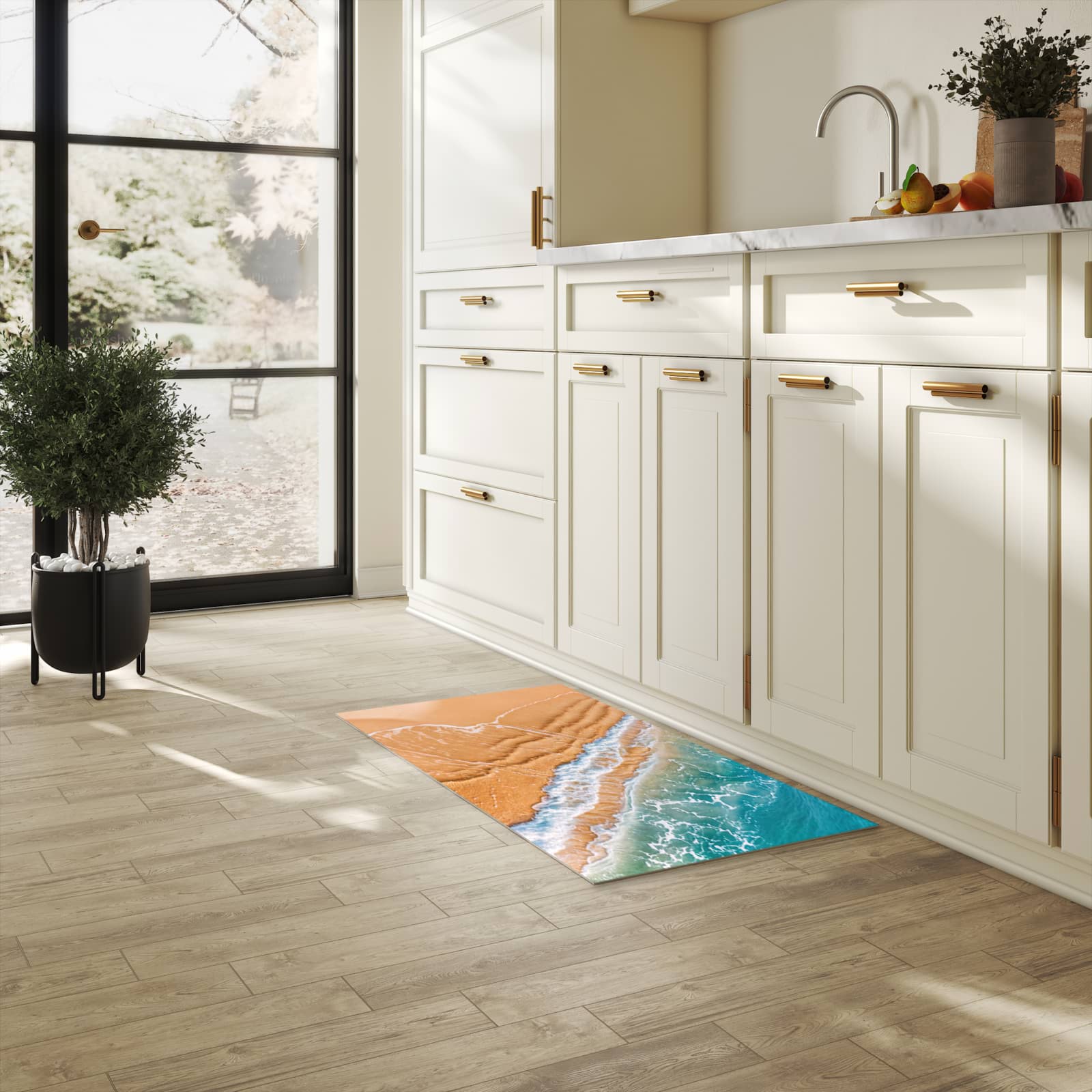 Hygienischer Bodenläufer Teppich mit Motiv am und Wellen in heller Küche