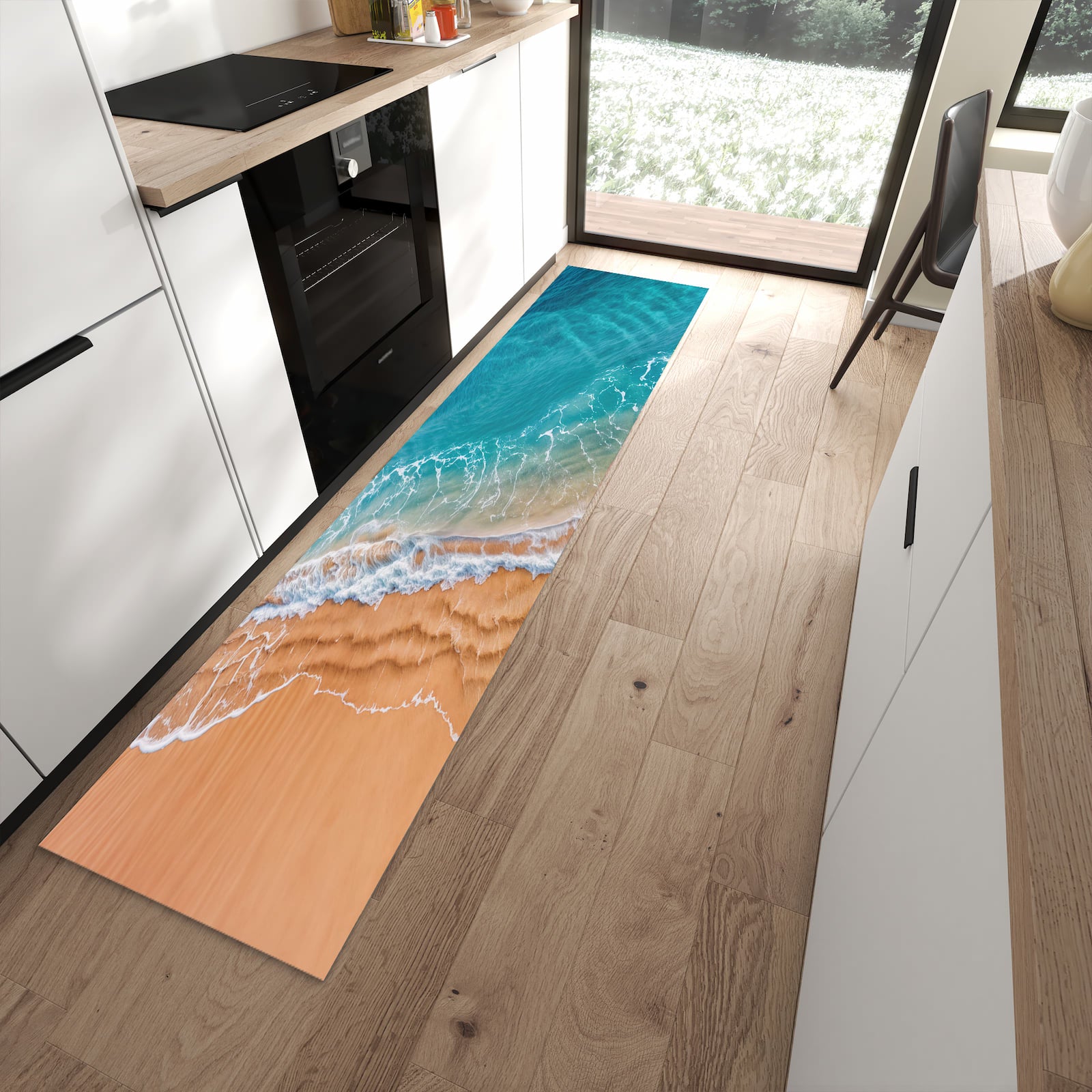 Formstabiler Küchenläufer nach Maß mit Motiv am und Wellen in moderner Küche