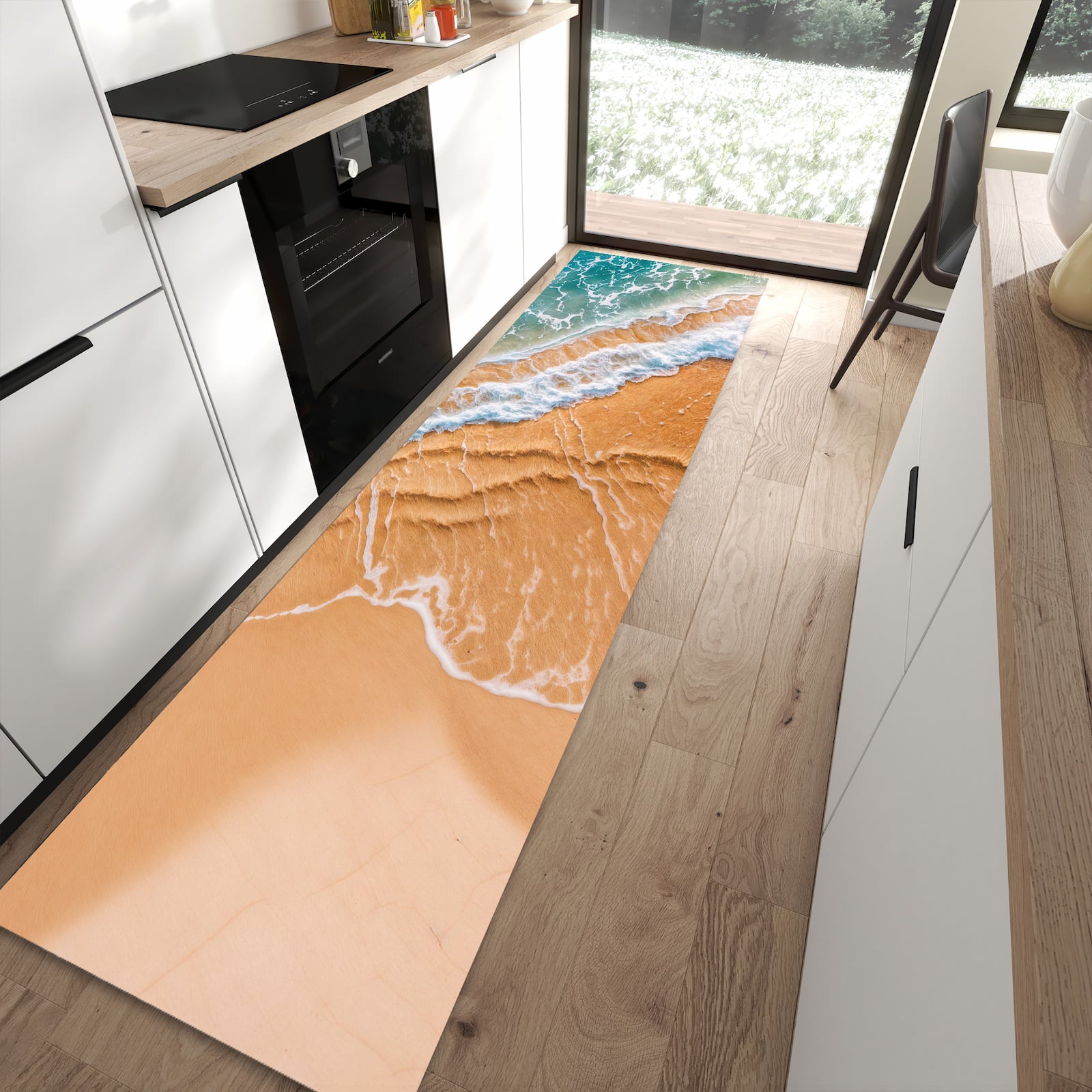 Komfortabler Küchenteppich mit Motiv am und Wellen in moderner Küche