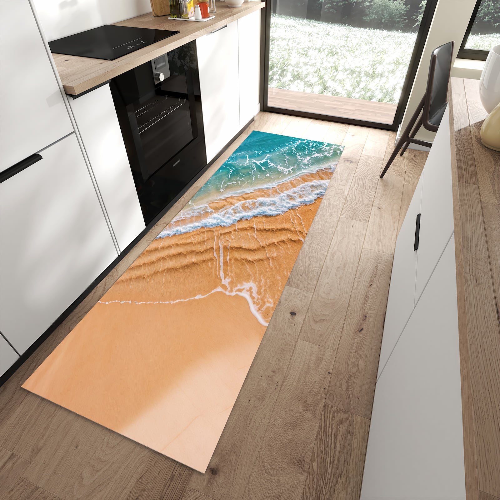 Abriebfester Küchenteppich mit Motiv am und Wellen in moderner Küche