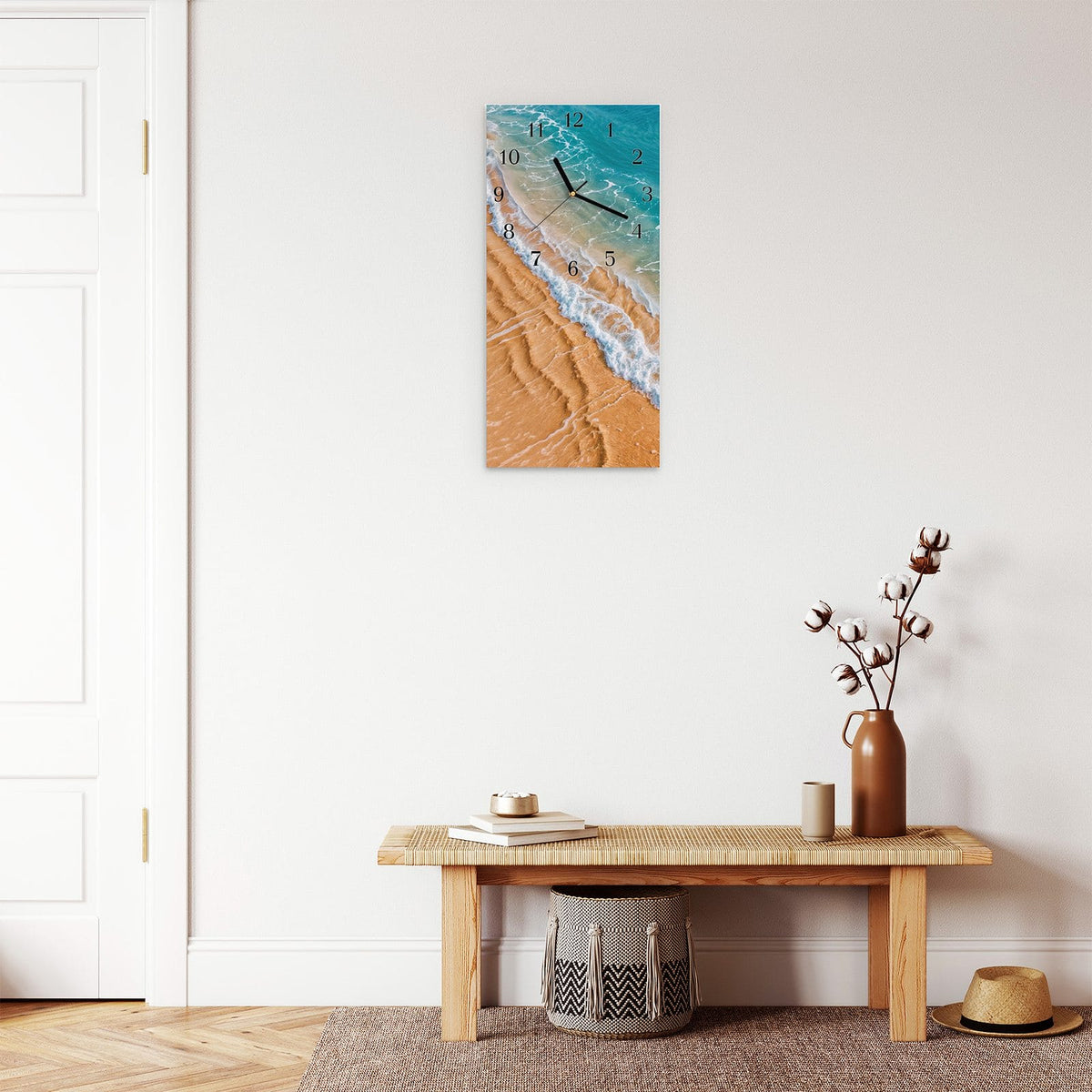 Moderne Wanduhr aus Glas mit Farbtiefe – Wanduhr am und Wellen aus Glas – Hochformat 30 × 60 cm