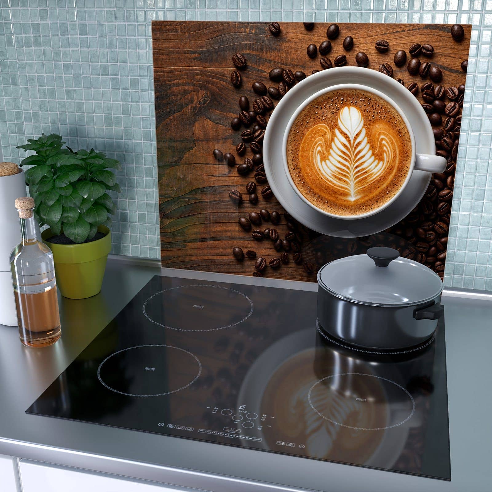 1-teilige Abdeckplatte für Ceranfeld mit Stille Kaffeegenuss-Motiv als Spritzschutz hinter dem Kochfeld
