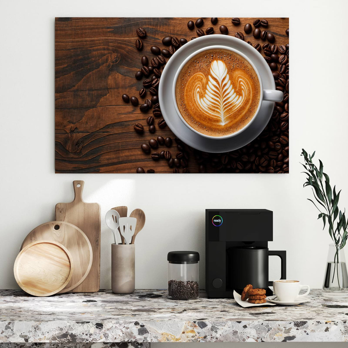 Metall Magnettafel - Kaffee mit Latte Art – Latte-Art-Blatt auf dunklem Holz